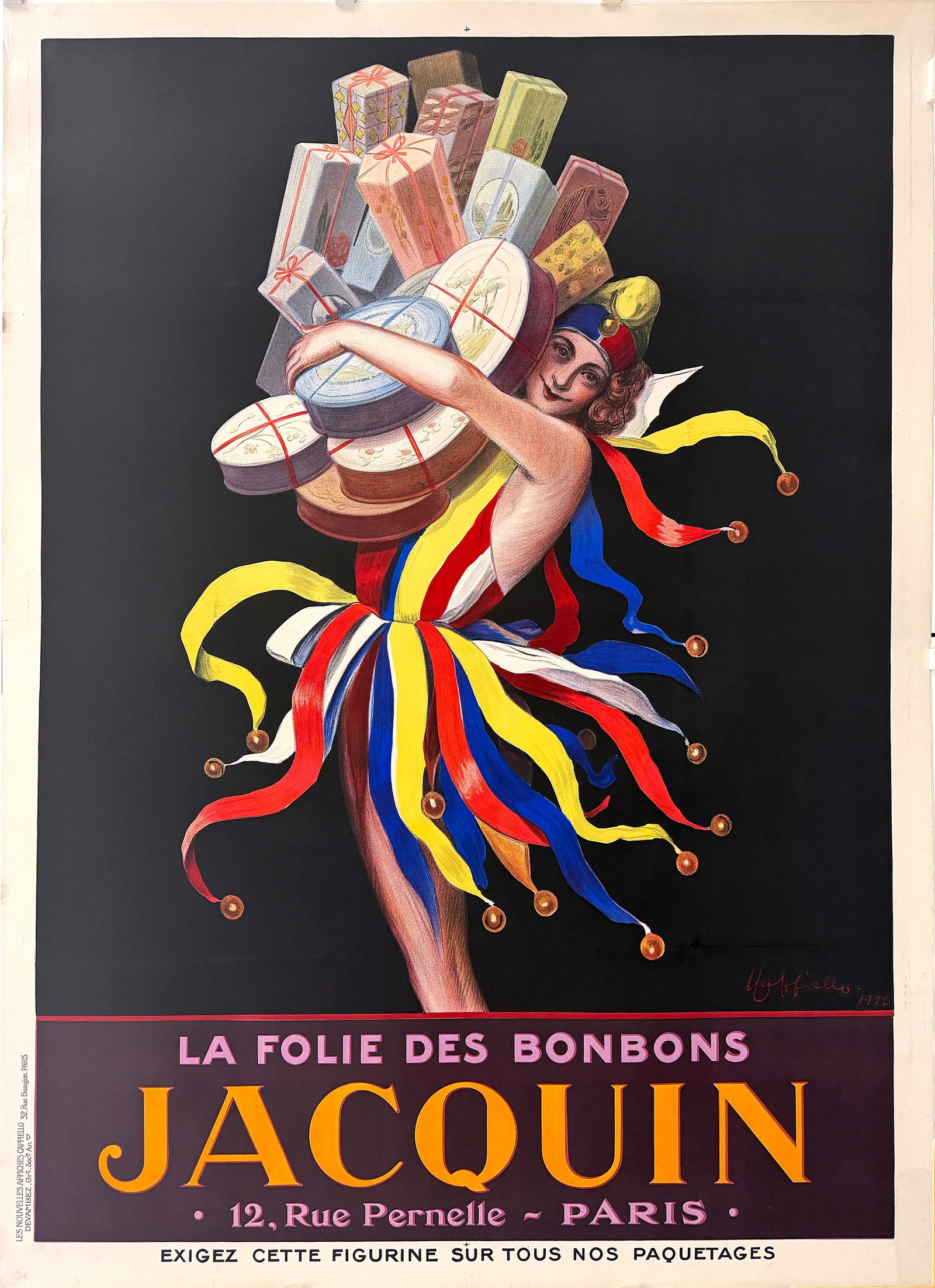 Original Vintage Leonetto Cappiello Jacquin Poster 1926 - Rare: La Folie des Bonbons “Jacquin” is a quintessential example of Leonetto Cappiello’s revolutionary approach to poster design—bold, theatrical, and instantly memorable. Set against a deep bla