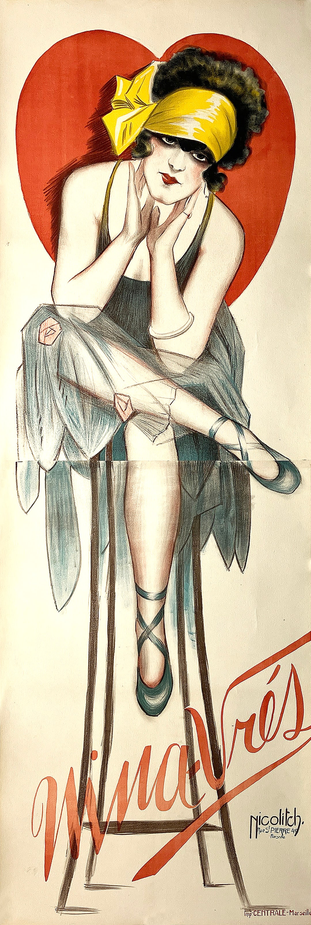 Original Vintage Nina Vres Poster Red Heart by Obrad Nicolitch c1920: Sitting on a high stool, the pretty nightclub performer, Nina Vres, stares right into our eyes. The wide yellow hair scarf and red heart-shaped halo freezes our feet from walking away. Resting her fac