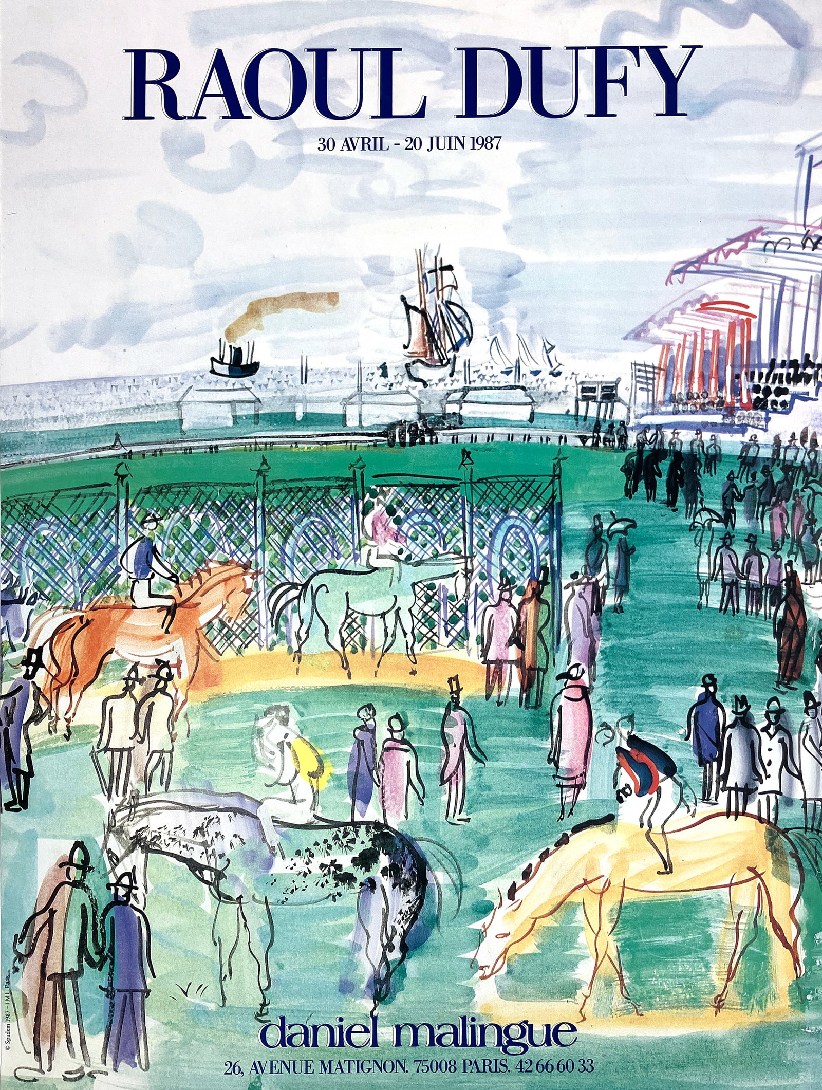 Original Vintage Raoul Dufy Exposition at Daniel Malingue Gallery Poster 1987: This evocative exhibition poster draws from Raoul Dufy’s unmistakable visual language, presenting a lively scene filled with movement, elegance, and color. Horses and figures populate an open landsc