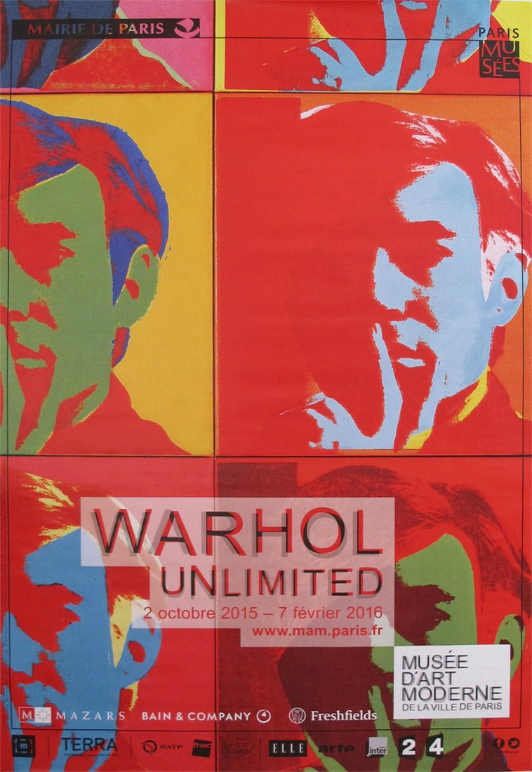 Original Andy Warhol Exhibition Poster 2015 French Unlimited: This poster was created to promote a show of Andy Warhol's works. "Warhol Unlimited" was held by the Musee d'Arte Moderne in Paris, France in 2015. The show featured over 200 of Warhol's works, with a