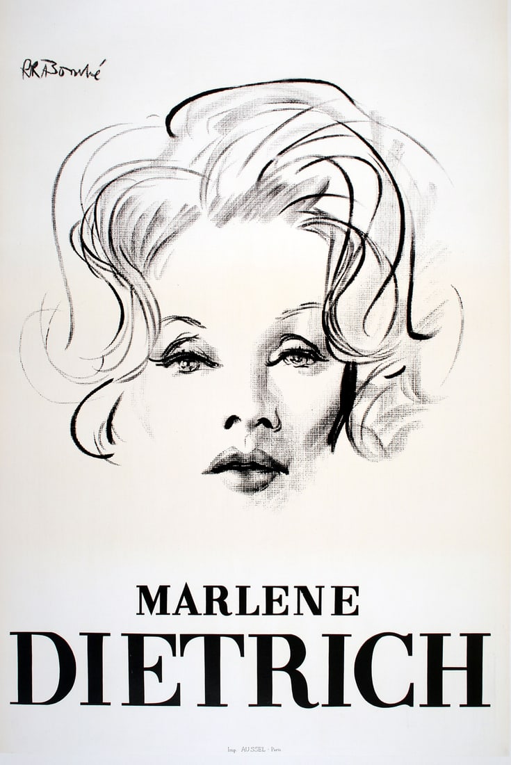 Original Vintage Poster of Marlene Dietrich By Bouche' c1965: This is a poster created in the 1960's to announce the one-woman performance of Marlene, with music arranged by Burt Bacharach. It utilizes a design created by the artist Bouche to suggest the distinc