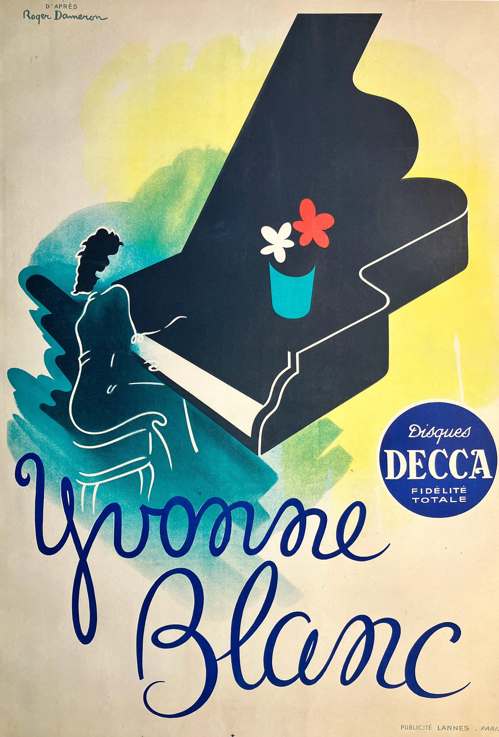 Original Vintage Yvonne Blanc Poster by Roger Dameron C1945 - Decca Records: This elegant promotional poster by Roger Dameron captures the refined atmosphere of postwar French music culture through a graceful and highly stylized composition. Subtle color washes and playful acc