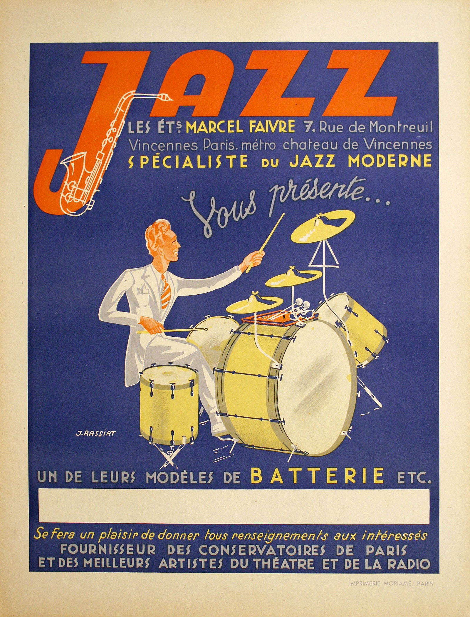 Original 1930's French Vintage Jazz Poster Featuring a Drummer by James Rassiat: In this charming image we see a drummer happily playing what appears to be a modern-looking set of drums. The poster was created in the 1930’s by an unknown artist, Rassiat. The poster is promoting 
