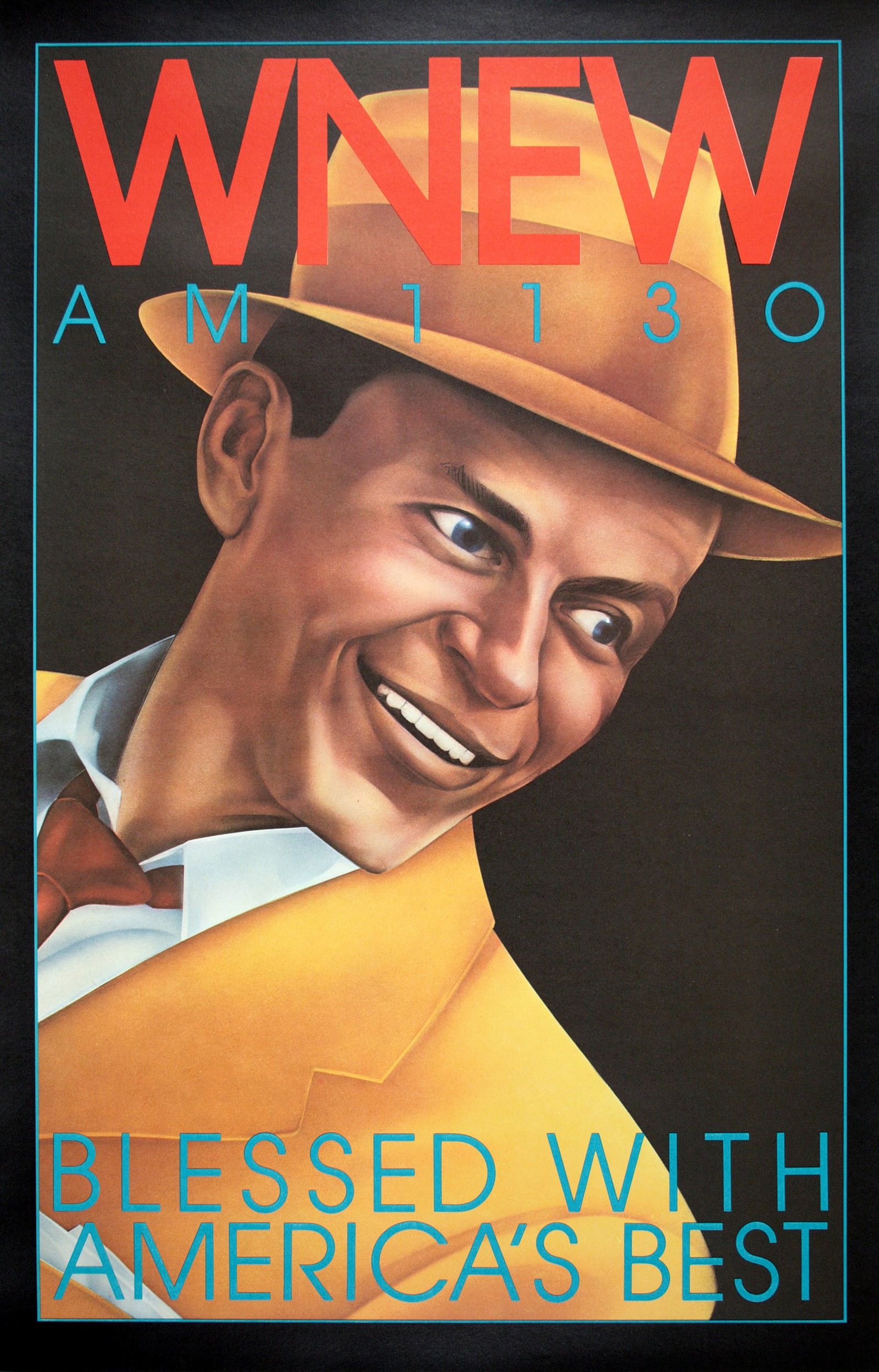 Original Frank Sinatra Jazz Original Vintage Poster for WNEW New York 1973 by Bob Lee Hickson: This WNEW AM 1130 radio advertisement features Frank Sinatra and was produced in 1973. WNEW AM was a radio station in New York, NY in operation from 1934-1992. The station made many breakthroughs in r