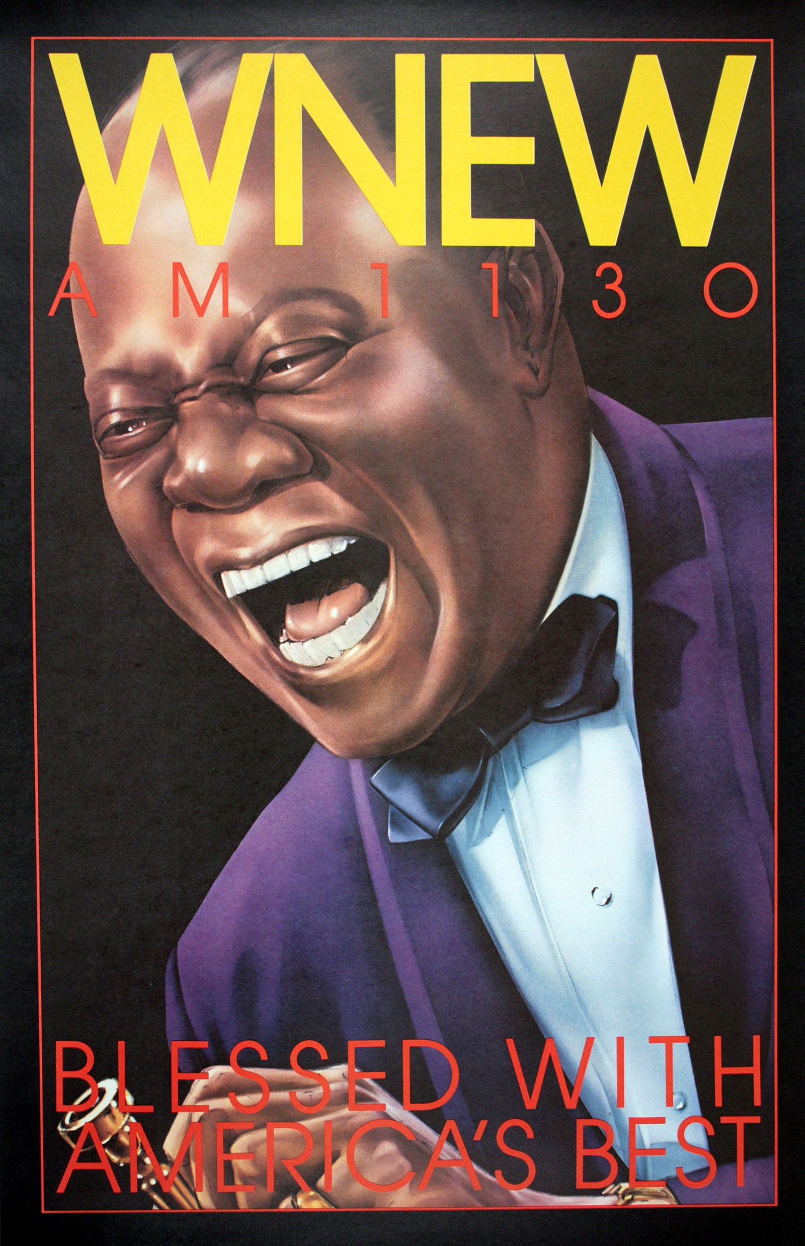 Louis Armstrong Original Vintage Poster for WNEW Jazz Radio by Bob Lee Hickson 1973: This WNEW AM 1130 radio advertisement features Louis Armstrong and was produced in 1973. WNEW AM was a radio station in New York, NY in operation from 1934-1992. The station made many breakthroughs in