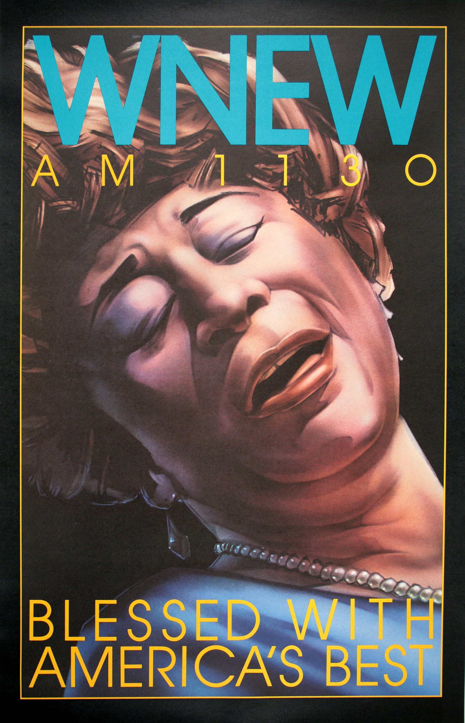 Ella Fitzgerald Original Vintage Poster for WNEW Jazz Radio 1973 by Bob Lee Hickson: This WNEW AM 1130 radio advertisement features Ella Fitzgerald and was produced in 1973. WNEW AM was a radio station in New York, NY in operation from 1934-1992. The station made many breakthroughs in