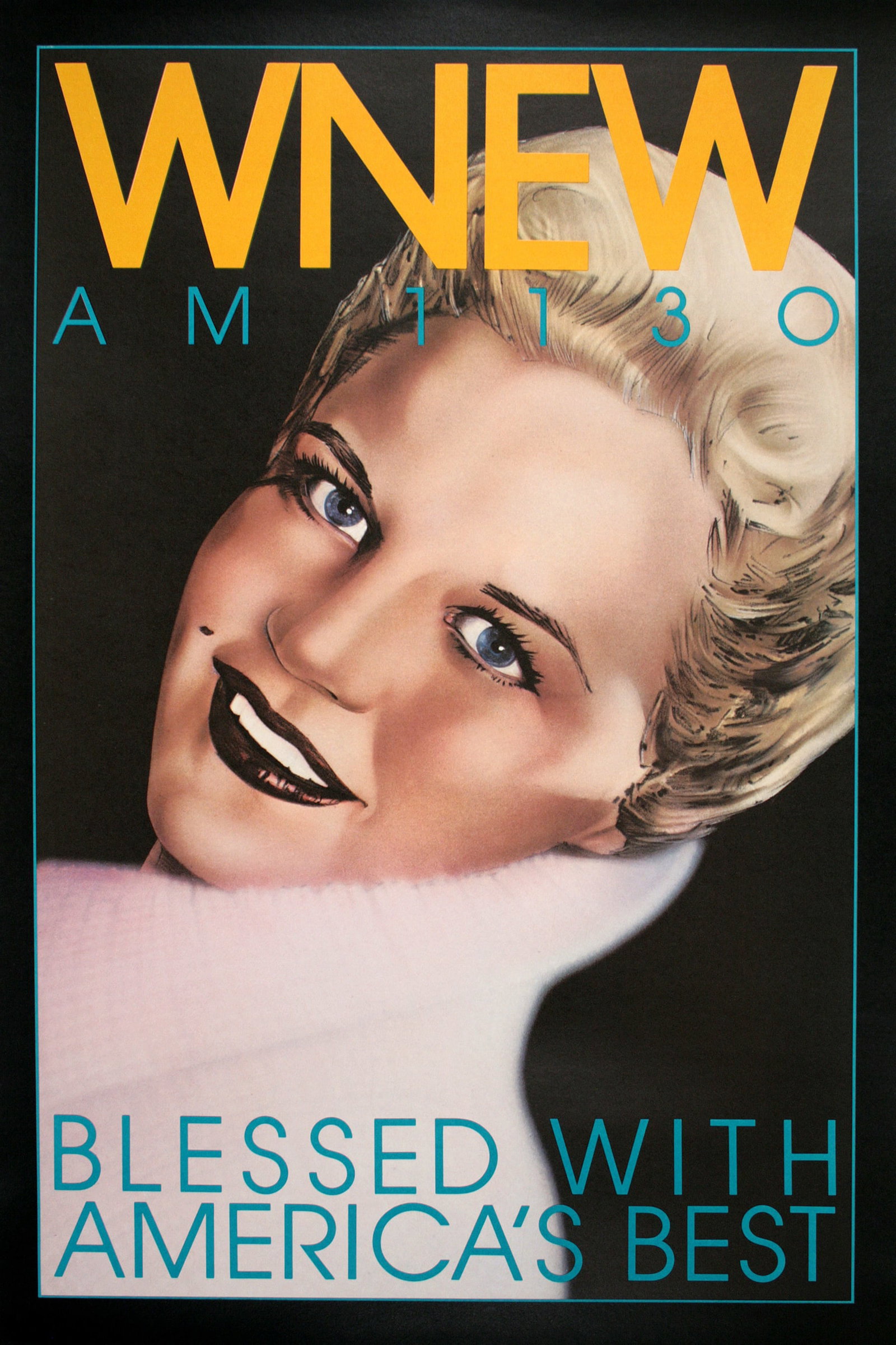 WNEW Jazz Radio Original Vintage Poster of Peggy Lee 1973 by Bob Lee Hickson: This WNEW AM 1130 radio advertisement features Peggy Lee and was produced in 1973. WNEW AM was a radio station in New York, NY in operation from 1934-1992. The station made many breakthroughs in radio
