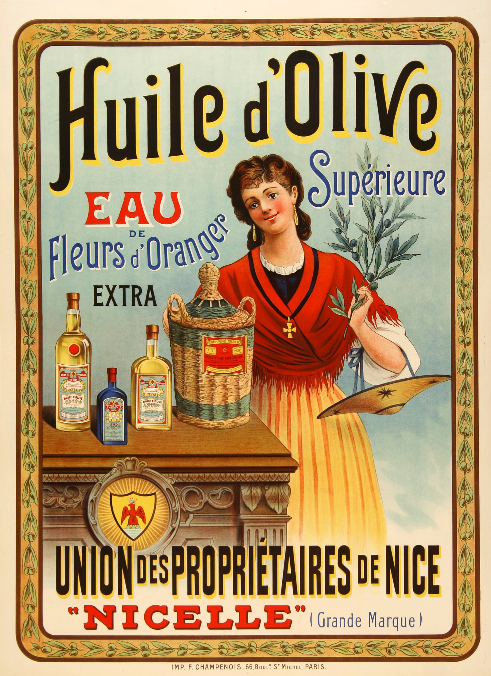 Original Vintage Huile D'Olive Superiore Poster C1910: This original vintage advertising poster promotes Huile d’Olive Supérieure, an olive oil produced in Nice and marketed under the name “Nicelle,” a term historically associated with small lo