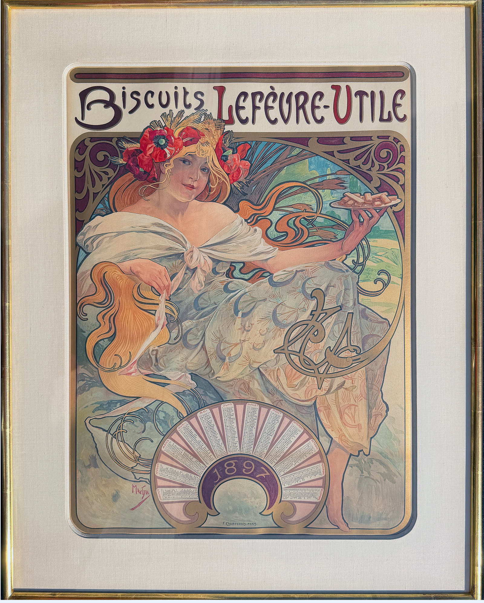 Original Vintage Alphons Mucha Biscuits Lefevre Utile Calendar Poster 1897 Sarah Bernhardt Framed: This rare poster from 1897 was created by Alphonse Mucha (1860-1939) for the French biscuit brand Lefèvre-Utile. The image shows a beautiful woman holding a plate of wafers that she seems to be offer