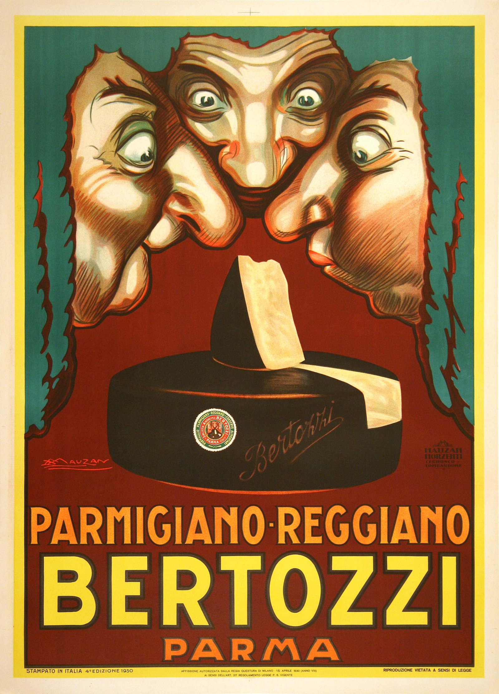 Bertozzi Original Vintage Poster 1930 Parmigiano Reggiano by Achille Mauzan: Achille Mauzan created this vintage poster in 1924 to advertise the Bertozzi brand of cheeses. Three judges with expressive faces lean over the cheese, giving us a sense of the fragrant and inviting s