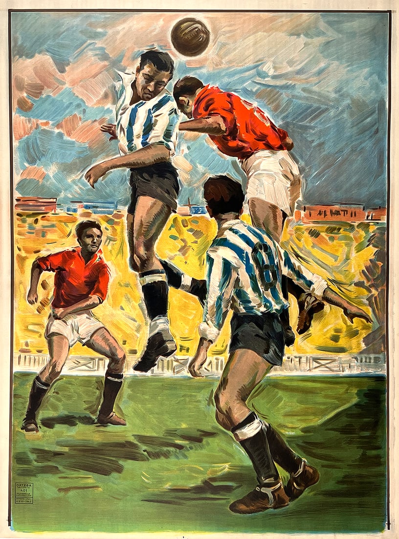 Original Vintage Soccer Poster 1963 Head's Up Spain: We're thrust into the heart of an intense soccer (or football, if you will) match in this exciting 1963 poster that was printed in Spain. The two teams compete in a header-off for the ball. This poste