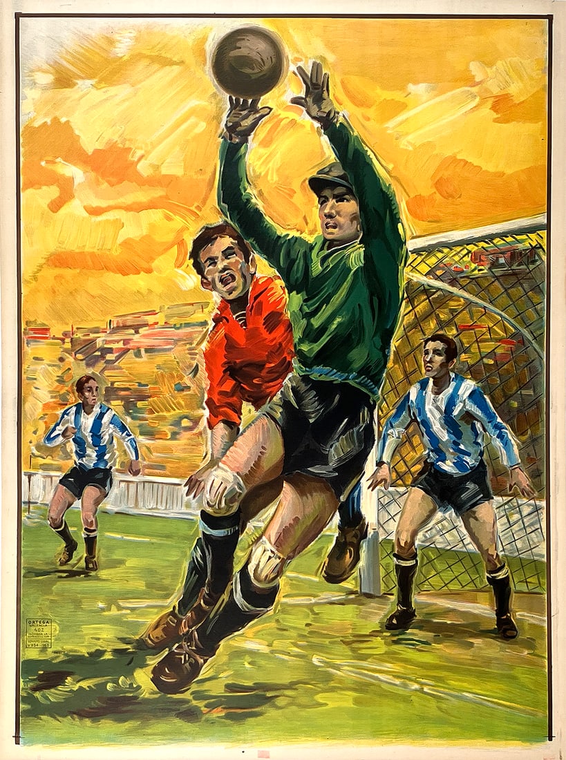 Original Vintage Soccer Poster 1963 Hand's Up Spain: We're thrust into the heart of an intense soccer (or football, if you will) match in this exciting 1963 poster that was printed in Spain. A goalie swats away a ball headed right for the goal, as his t