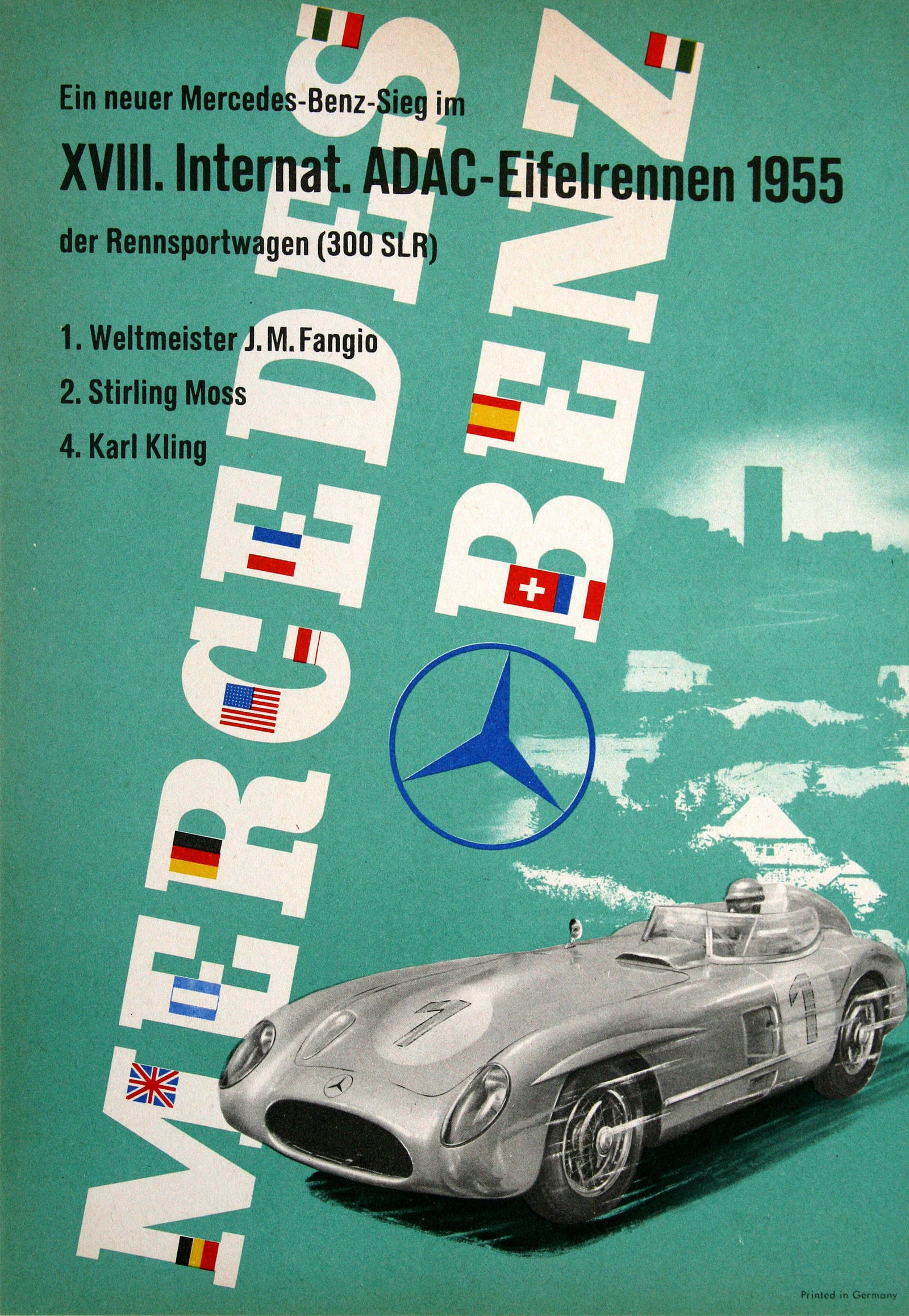 Original Mercedes Benz 1955 Poster XVIII INTERNAT. ADAC - EIFELRENNEN by Stankowski: This poster prominently features a sleek, aerodynamic Mercedes-Benz race car, likely the iconic 300 SLR, which was a standout in the 1955 racing season. The car is depicted in a dramatic and streamlin
