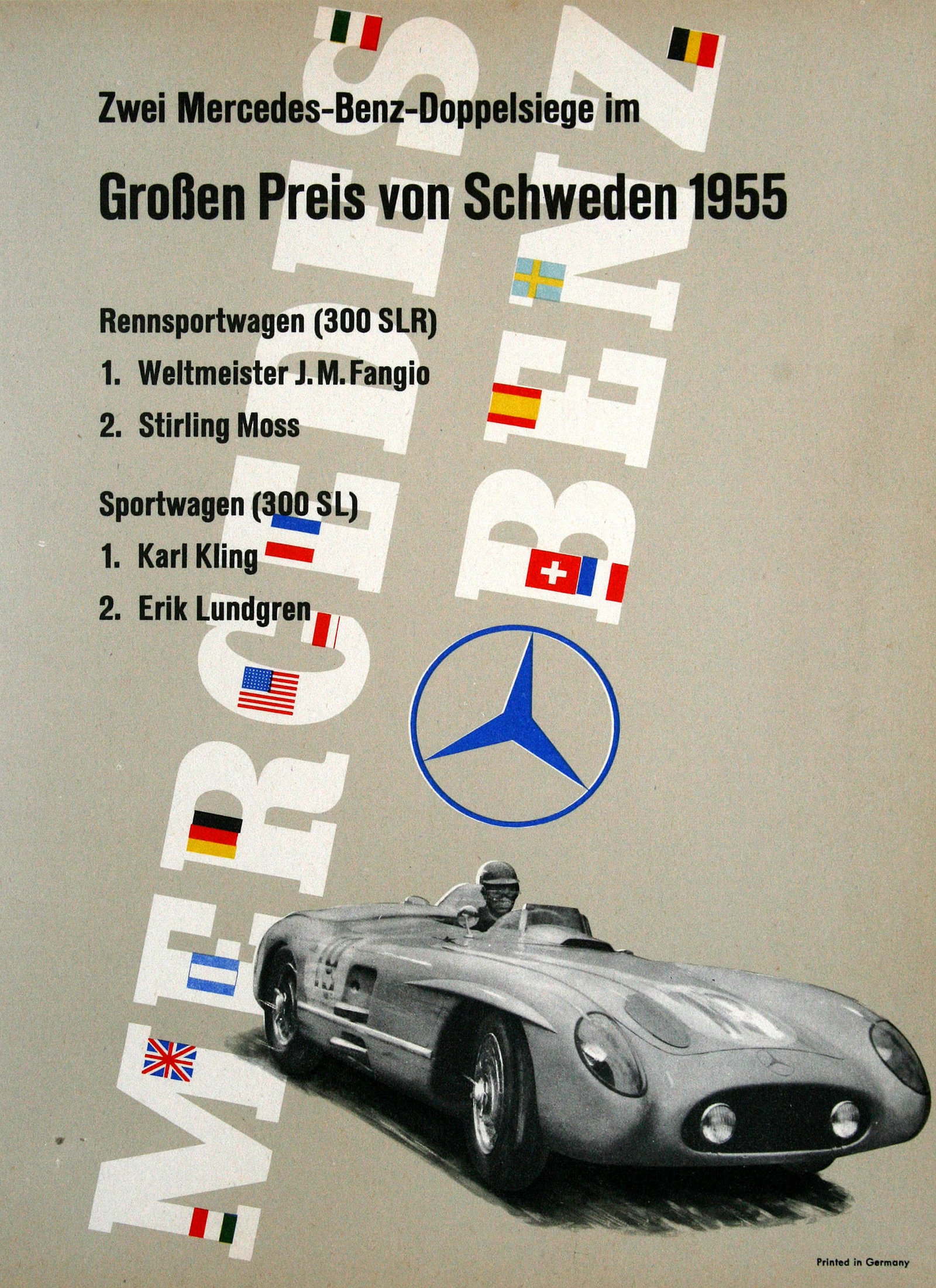 Original Mercedes Benz 1955 Groben Preis Von Schweden Poster: This poster prominently features a sleek, aerodynamic Mercedes-Benz race car, likely the iconic 300 SLR, which was a standout in the 1955 racing season. The car is depicted in a dramatic and streamlin