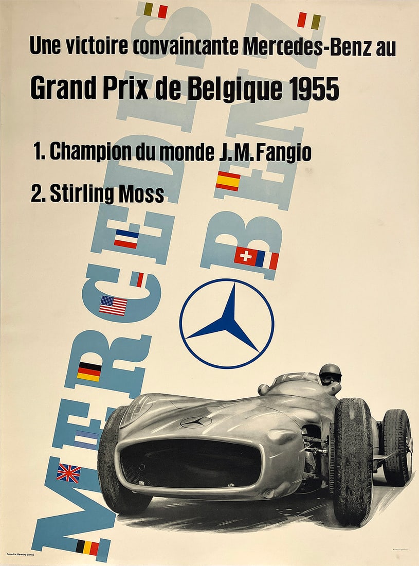 Original Vintage Mercedes Benz Poster Grand Prix de Belgique 1955 Anton Stankowski Formula One: This poster prominently features a sleek, aerodynamic Mercedes-Benz race car, likely the iconic 300 SLR, which was a standout in the 1955 racing season. The car is depicted in a dramatic and streamlin