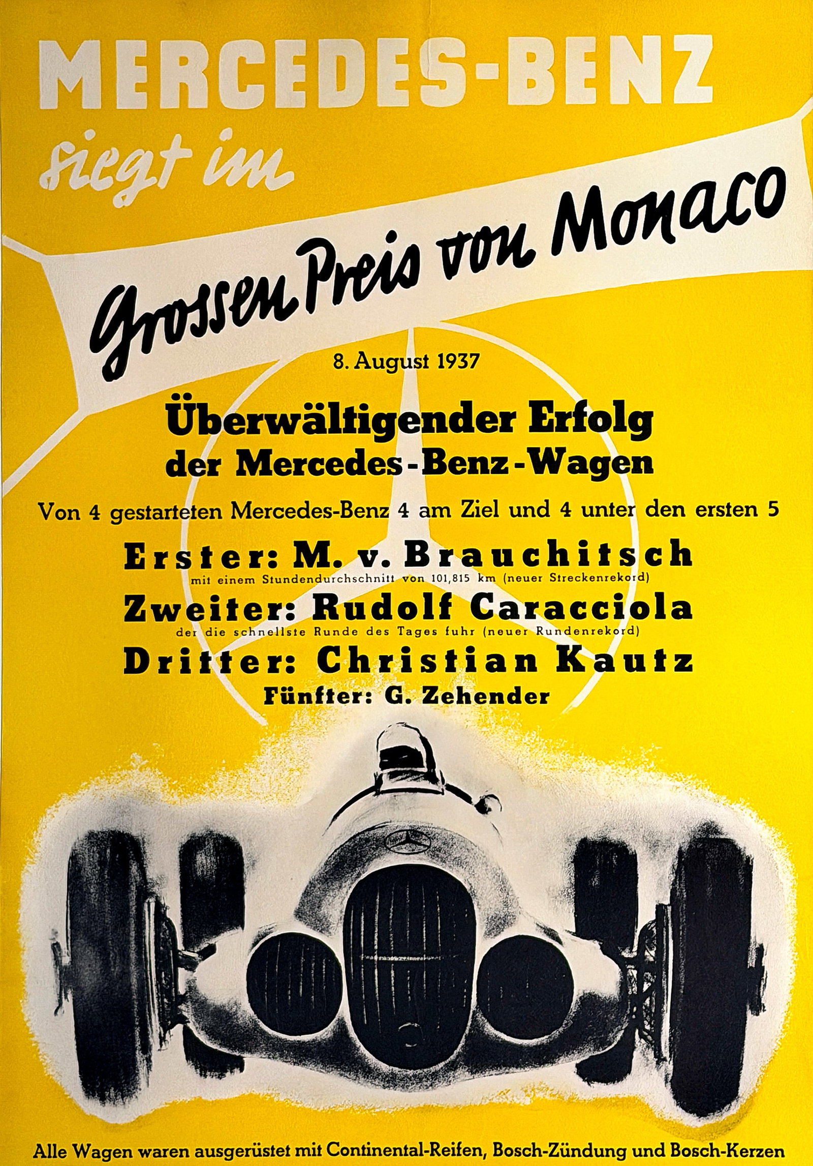 Original Vintage Mercedes Benz Grossen Preis von Monaco 1937 Poster by Hans Liska: This striking 1937 poster celebrates Mercedes-Benz’s dominant performance at the Monaco Grand Prix, one of the most prestigious and technically demanding races in early motor racing history. The tex