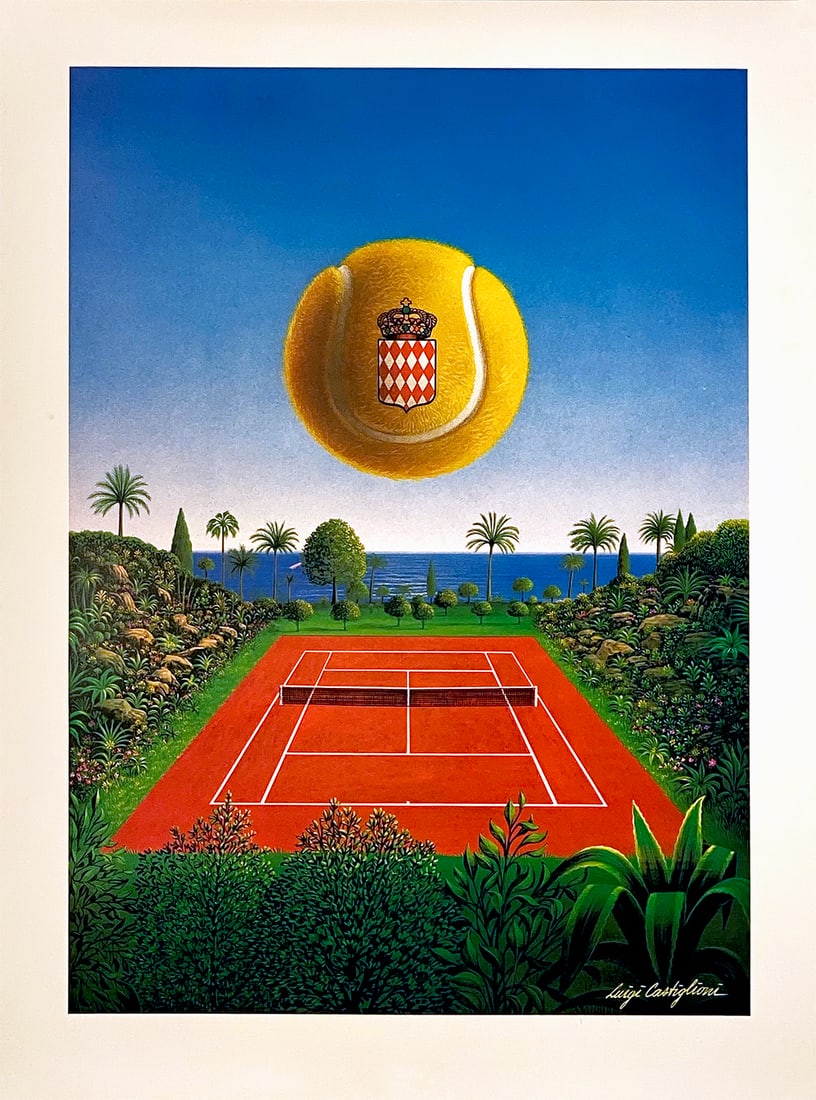 Tennis - Ball Over Court Original Vintage Print by Luigi Castiglioni c1983: Luigi Castiglioni (1936 - 2003) once said, “There is no need to show dedication, everybody [already] knows that it is inseparable from sports”. Instead, he chose to highlight the quietly elega