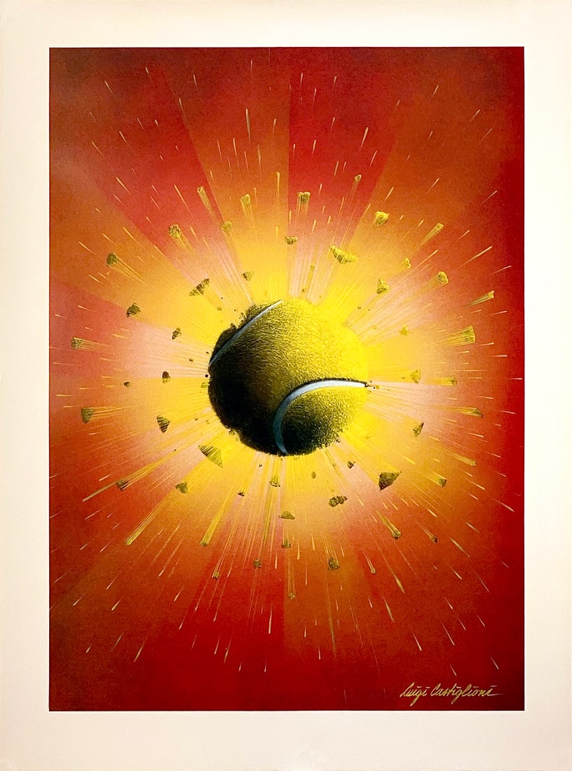 Tennis - Exploding Ball Original Vintage Print by Luigi Castiglioni c1983: Luigi Castiglioni (1936 - 2003) once said, “There is no need to show dedication, everybody [already] knows that it is inseparable from sports”. Instead, he chose to highlight the quietly elega