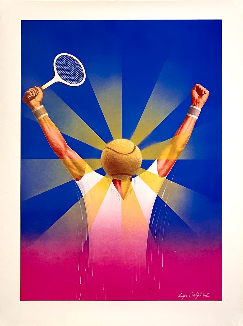 Tennis - Arms In The Air Original Vintage Print by Luigi Castiglioni c1983: Luigi Castiglioni (1936 - 2003) once said, “There is no need to show dedication, everybody [already] knows that it is inseparable from sports”. Instead, he chose to highlight the quietly elega
