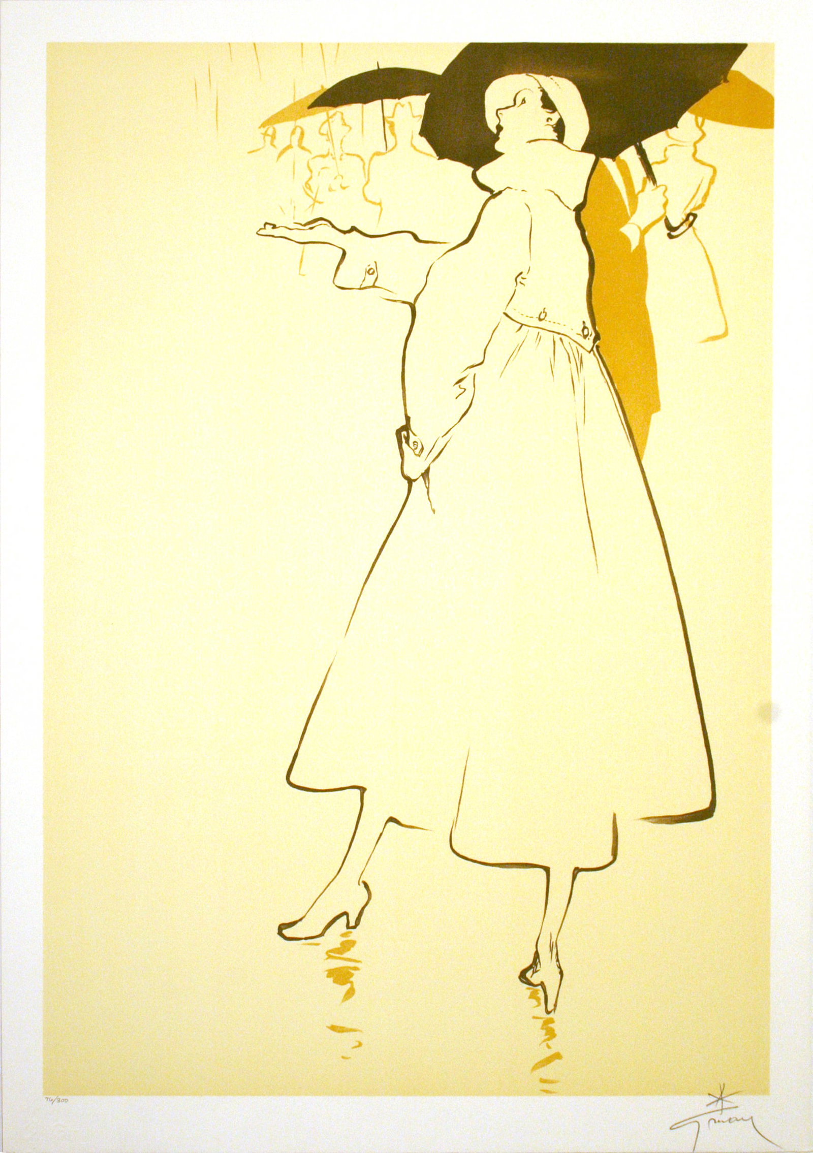 Rene Gruau Hand Signed and Numbered Print c1989 Rain Rain: Rene Gruau (1909-2004) is one of the most recognized poster artists of the 21st Century. Gruau was a fashion illustrator whose exaggerated portrayal of fashion design through painting has had a lastin