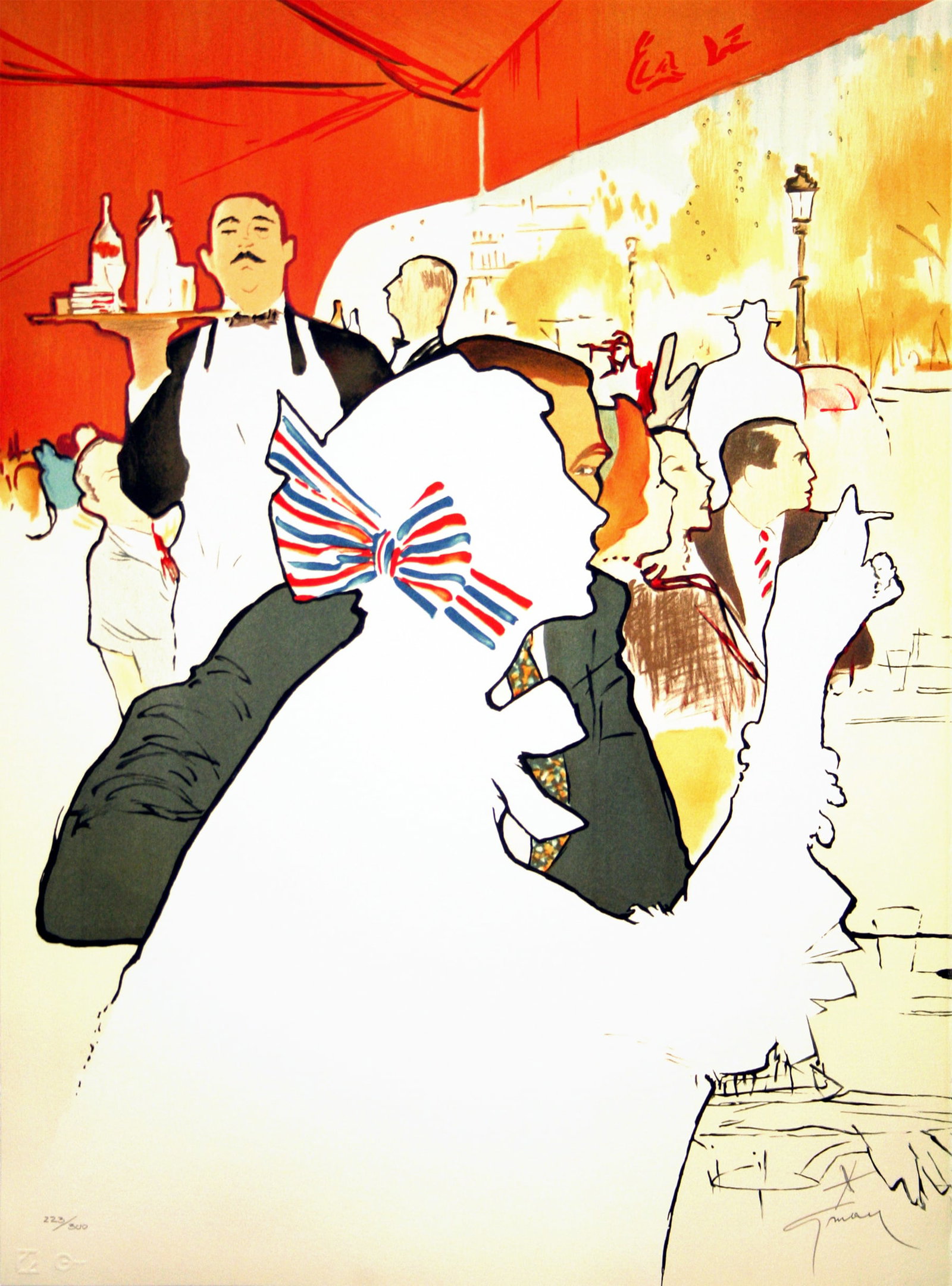 Rene Gruau Hand Signed and Numbered Print c1989 Bistro: Rene Gruau (1909-2004) is one of the most recognized poster artists of the 21st Century. Gruau was a fashion illustrator whose exaggerated portrayal of fashion design through painting has had a lastin