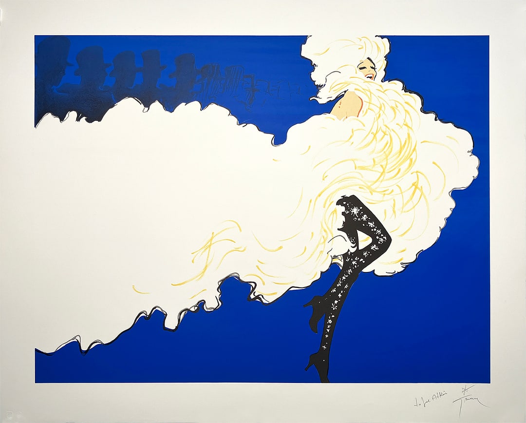 Original Signed and Dedicated Print by Rene Gruau Follies c1989: Rene Gruau (1909-2004) is one of the most recognized poster artists of the 21st Century. Gruau was a fashion illustrator whose exaggerated portrayal of fashion design through painting has had a lastin