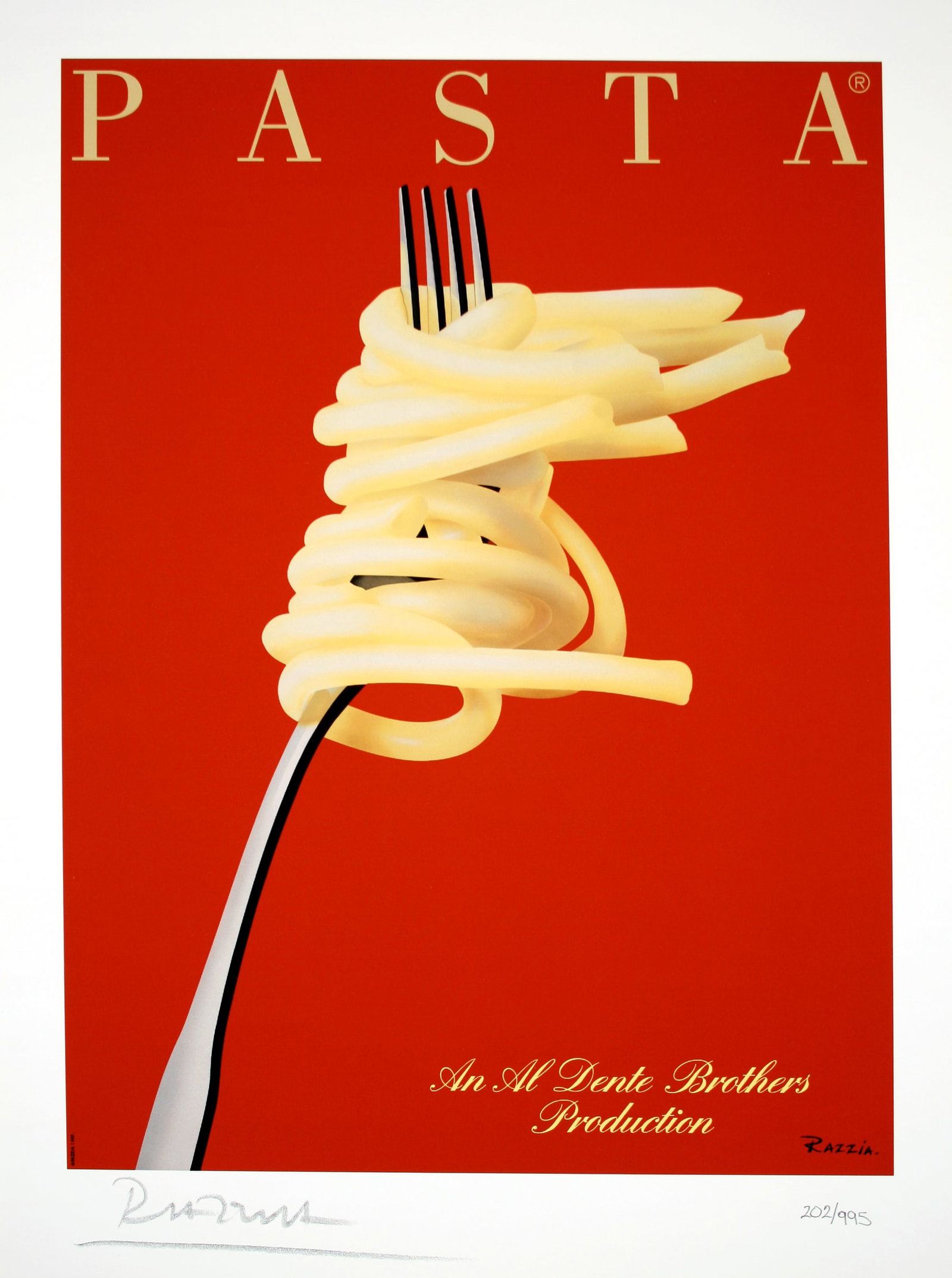 Razzia Limited Edition Hand Signed and Numbered Poster for Pasta 2007: This is one of a series of 6 signed and numbered prints created by the great French poster artist, Gerard Courbouleix, known as Razzia.This print measures 10.5” x 14.5” and is from a limit