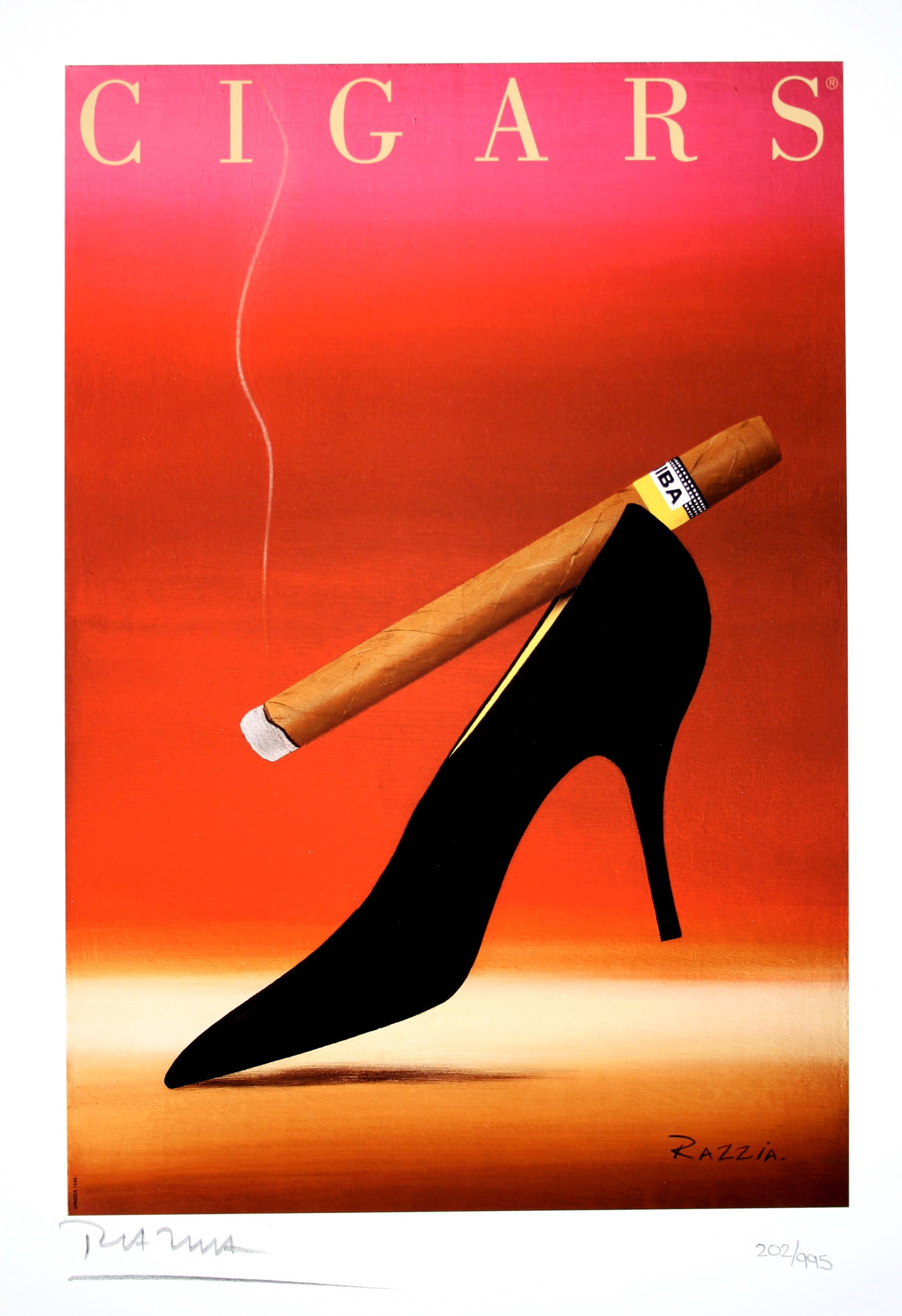 Razzia Limited Edition Hand Signed and Numbered Poster for Cigars 2007: This is one of a series of 6 signed and numbered prints created by the great French poster artist, Gerard Courbouleix, known as Razzia.This print measures 10.5” x 14.5” and is from a limit
