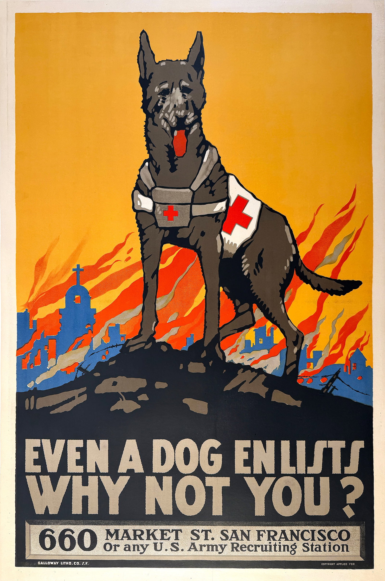 Original Vintage Even A Dog Enlists Why Not You? WWI Poster by Mildred Moody C1915: This striking World War I recruiting poster features a proud dog standing atop a rocky outcrop, surveying a city engulfed in flames behind him. The dog wears a Red Cross harness, symbolizing loyalty, 