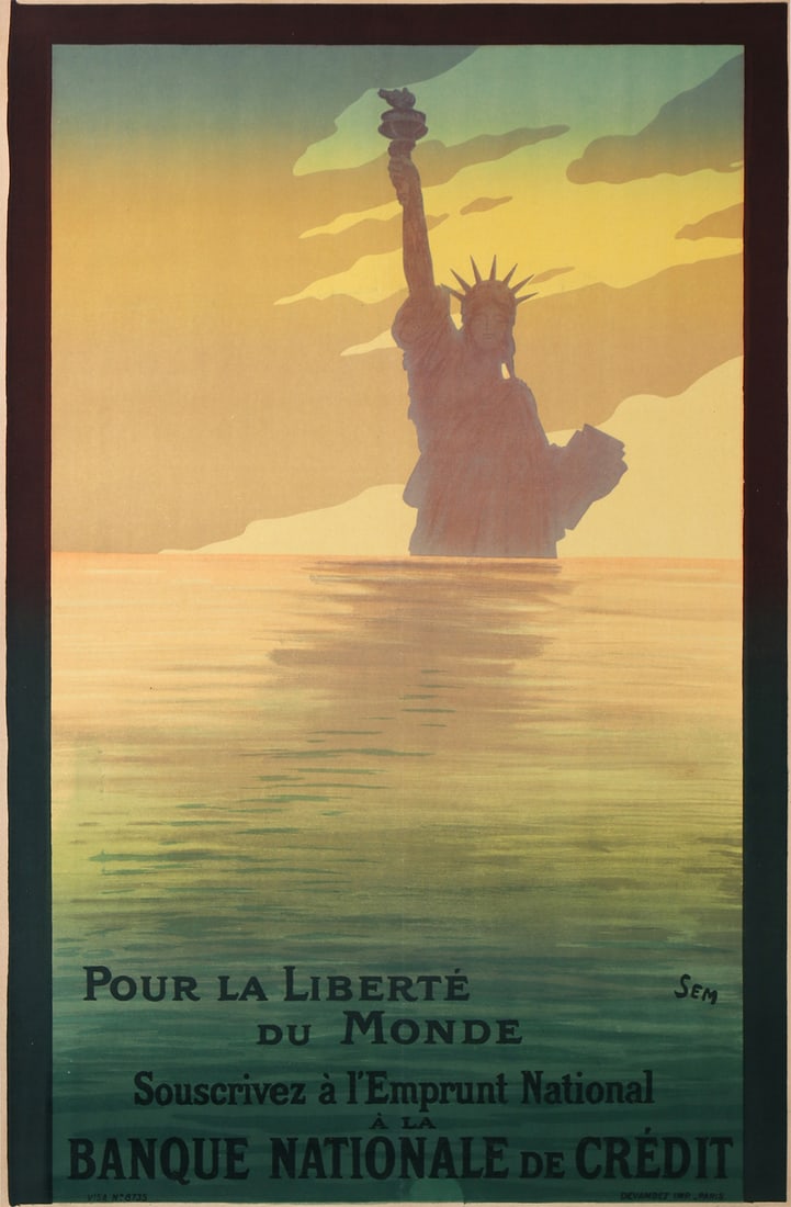 Original Vintage WWI Poster Pour la Liberte du Monde by Sem 1917 Statue of Liberty: This powerful wartime poster by SEM highlights the global impact of WWI. The Statue of Liberty, a gift from France to the United States in 1886 as a symbol of liberty and friendship, rises high above 