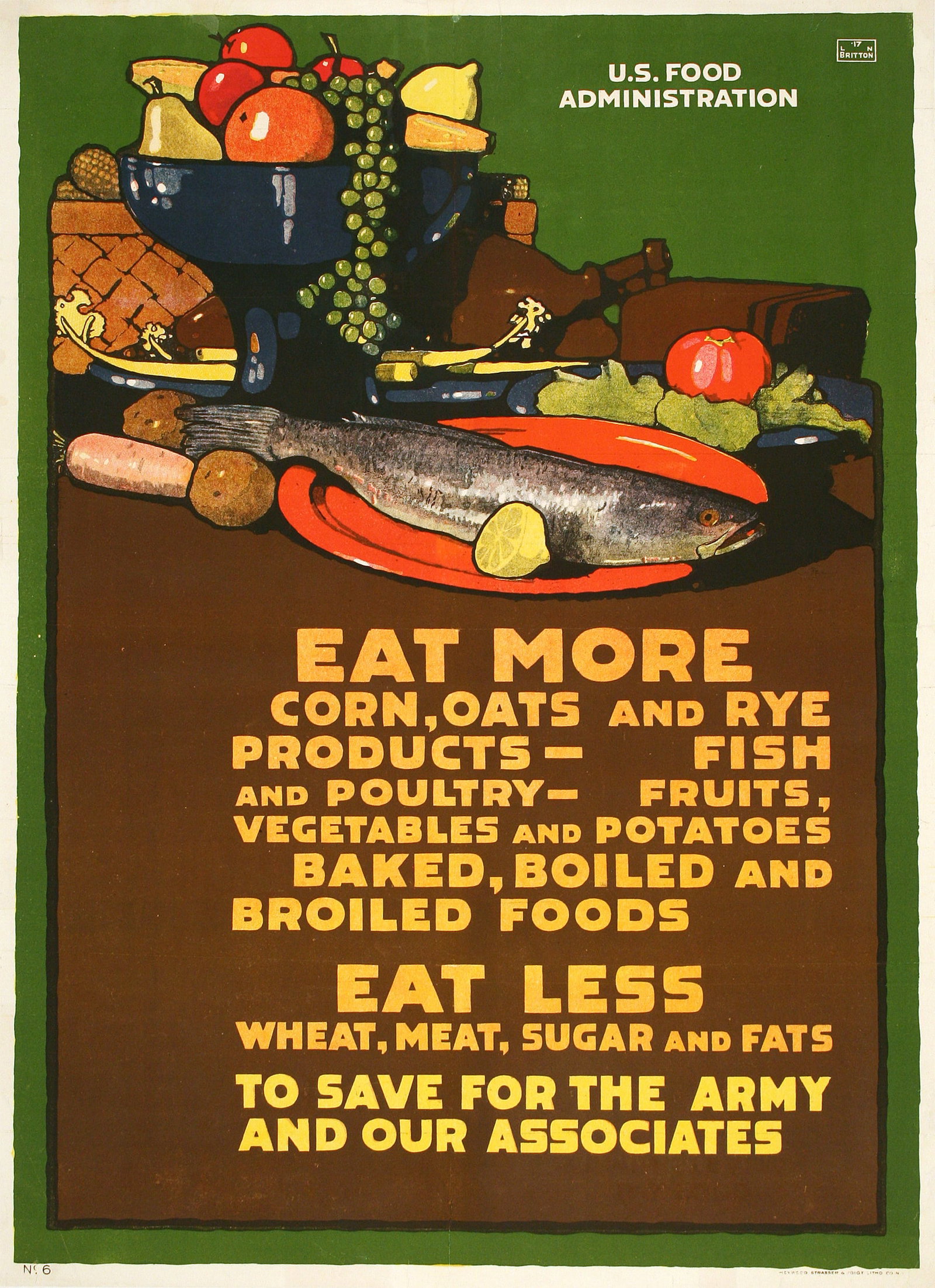Original Vintage WWI Poster - Eat More Corn, Oats by L.N.Britton 1917 US Food Admin.: During World War I, posters were an essential way to get information out to the general population. This Original Vintage Poster was designed by L.N. Britton in 1917 for the World War I U.S. Food Admi
