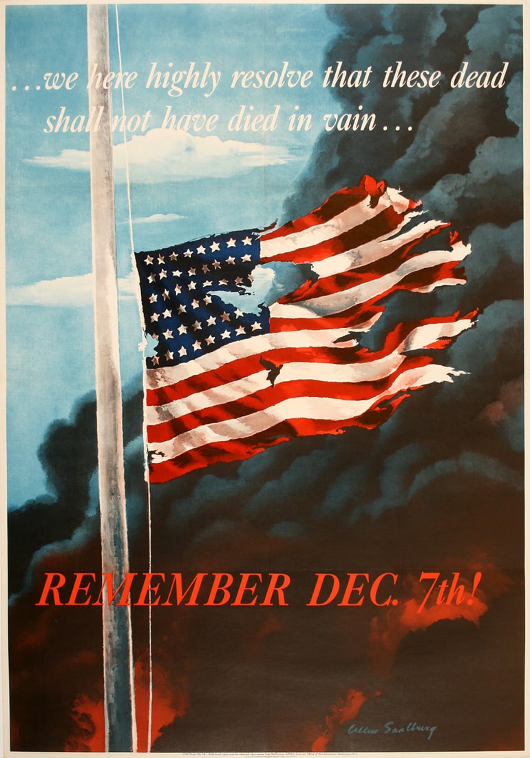 Original 1942 WWll Poster by Aaron Saalberg - Remember December 7th - Large: Following the Japanese bombardment of the US Naval base at Pearl Harbor, Hawaii, on December 7, 1941, the United States declared war on Japan and Germany and immediately mobilized the country for war.
