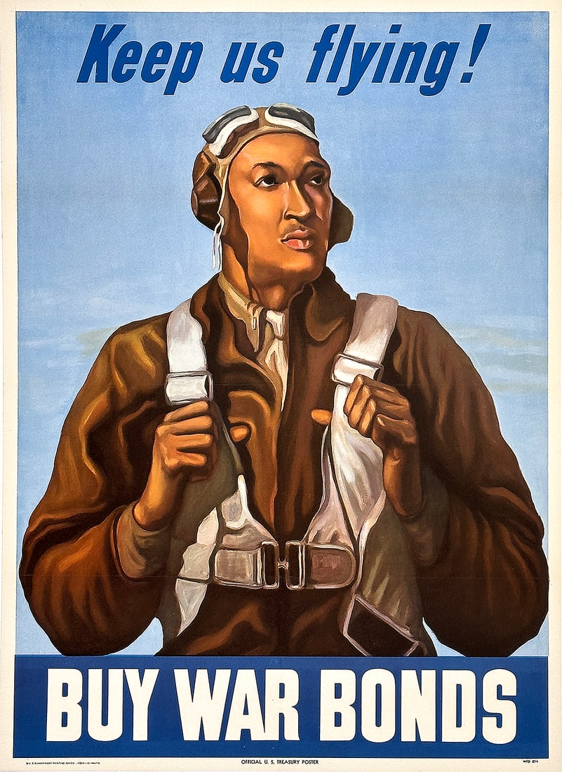 Keep Us Flying Tuskegee Airman Buy War Bonds Poster 1943: It is very unusual with WWII posters to know the identity of the exact soldier being depicted. This rare and highly sought after poster by Betsy Graves Reyneau (1888 - 1964) is one such poster. It fea
