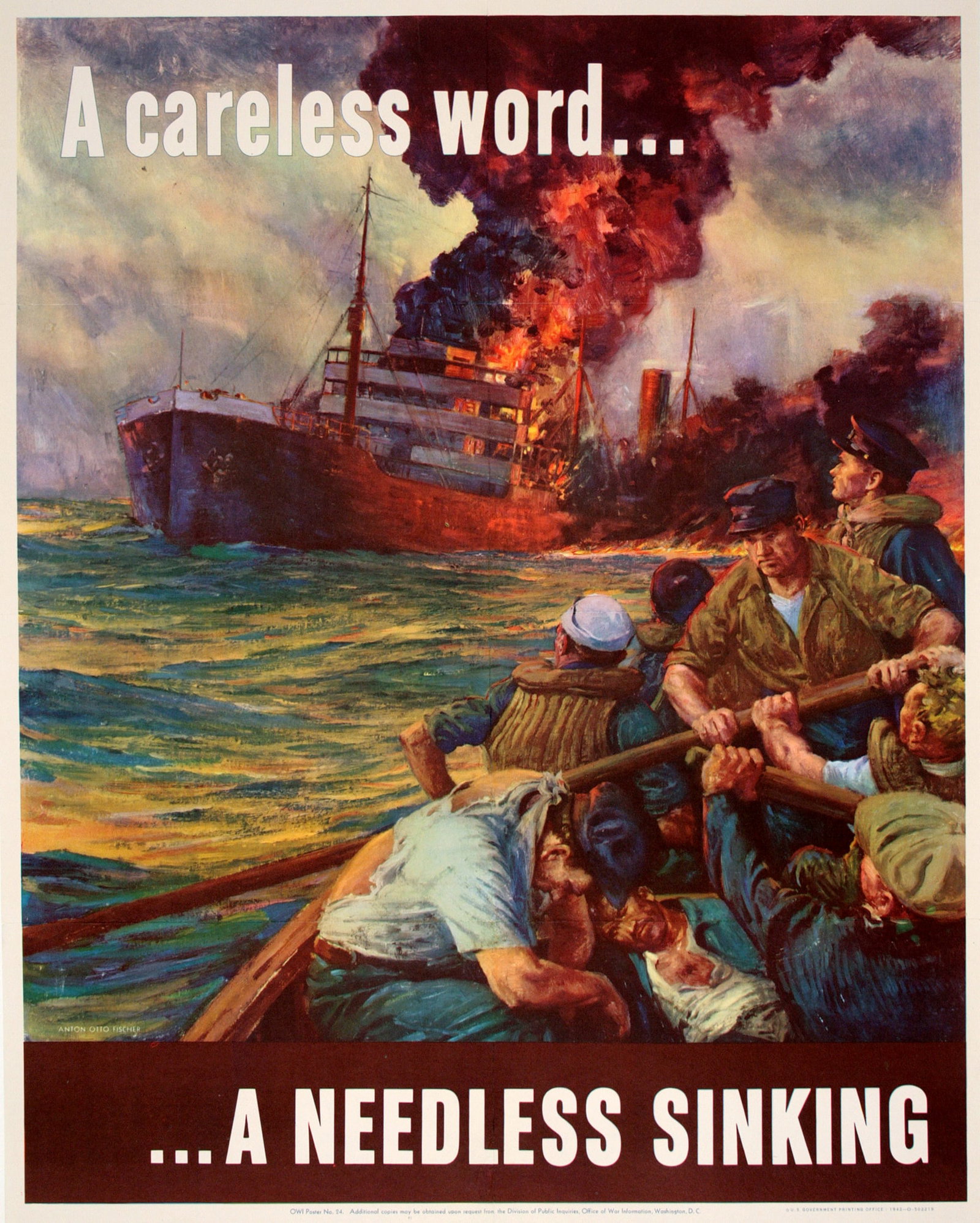 Original WWII Vintage Poster - A Careless Word A Needless Sinking by Anton Fischer 1943: This poster was designed by Anton Otto Fischer (1882-1962) in 1942 for the Office of War Information, commonly known as OWI. The OWI was created in 1942 and was operative until 1945. President Rooseve