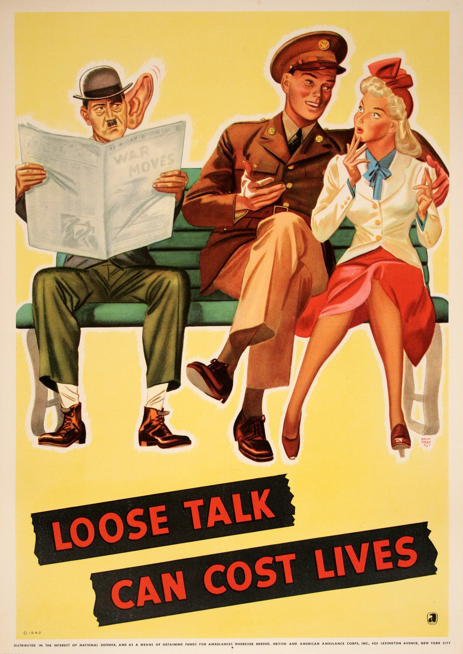 Original World War II Poster - Loose talk Can Cost Lives by Holmgren 1942: During the Second World War, there was a constant concern in the United States about inappropriate information being overheard by enemy agents both domestically and abroad. During 1942, a specific gro