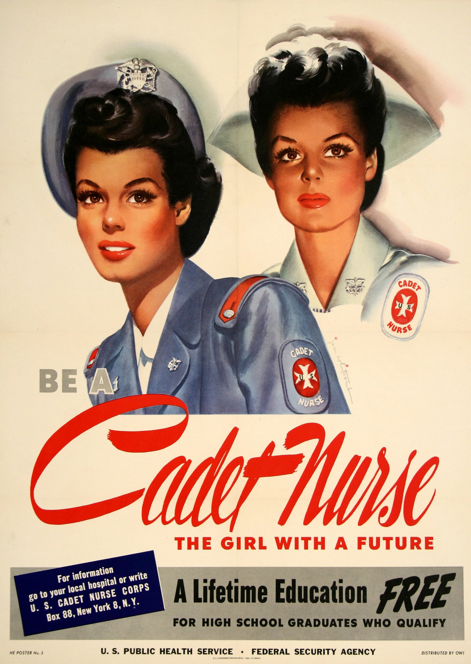 Original American WWII 1944 Poster By Jon Whitcomb - Be A Cadet Nurse 1944: Be A Cadet Nurse is an American World War II recruiting poster by Jon Whitcomb. The poster was made in 1944 and issued by the U.S. Public Health Service, part of the Federal Security Agency. The progr
