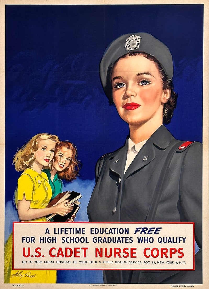 Original Vintage WWII U.S. Cadet Nurse Corps Poster by Alex Ross 1945: A mature young woman looks brightly at her future as two younger schoolgirls look on in awe in this striking WWII poster created for the U.S. Cadet Nurse Corps. The poster was made in 1945 and issued 