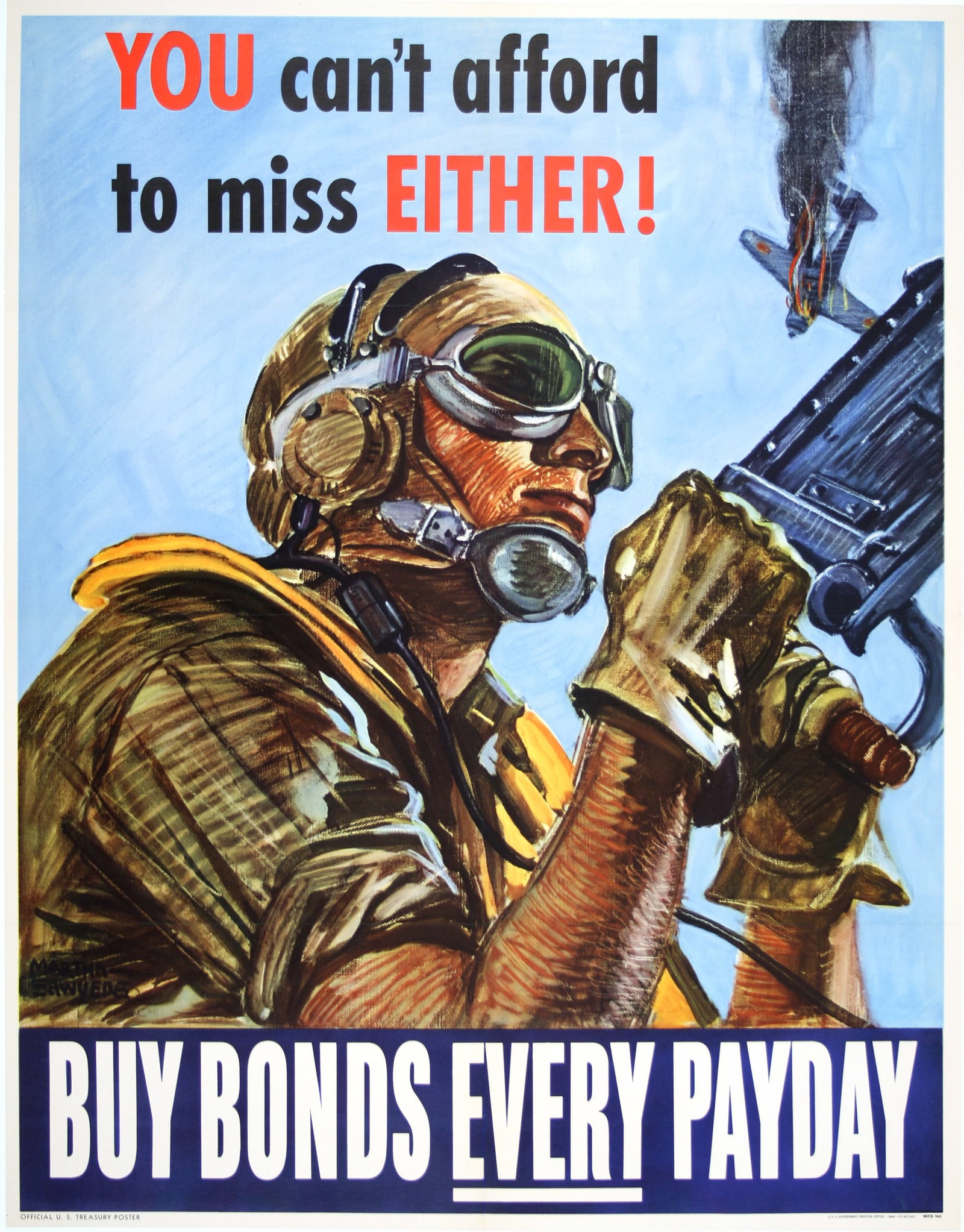You Can't Afford to Miss Either - Buy Bonds Original Vintage WWII Poster by Sawyers c1942: In America during WWII, every resource was poured into the war effort. With over 12 million Americans - 11% of the total population - serving in the armed forces, everything from food to labor was tig