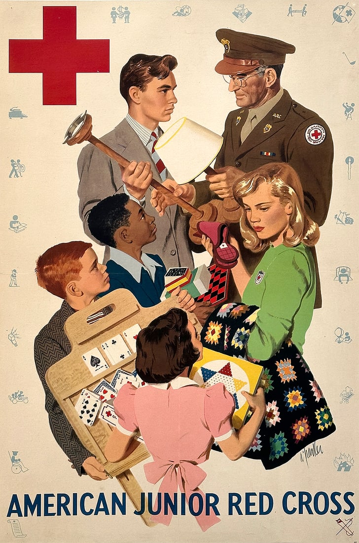 Original Vintage American Junior Red Cross WWII Poster by Al Parker 1944: Children were a large part of the homefront effort in America during WWII. Over 18 million schoolchildren volunteered with the American Junior Red Cross during the War, and this poster shows a samplin