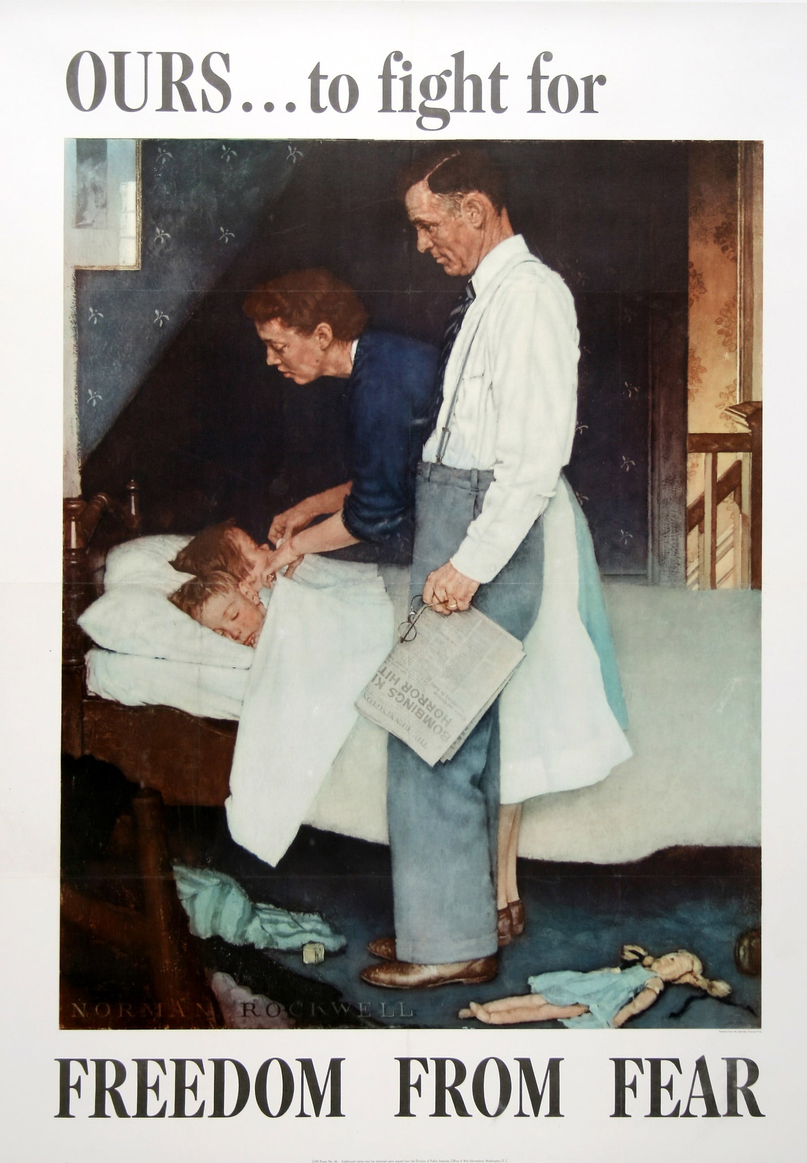 Freedom From Fear by Norman Rockwell 1943 - Original Poster Vintage in Large Format: Norman Rockwell is a renowned American artist and illustrator who is best known for his Saturday Evening Post cover illustrations. This original vintage poster was created from an oil painting by Rock