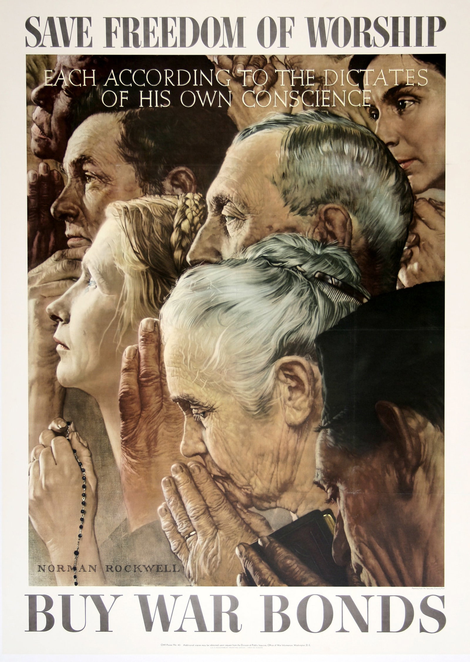 Freedom of Worship by Norman Rockwell 1943 - Original Vintage Poster in Large Format: Norman Rockwell is an American artist and illustrator who is best known for his Saturday Evening Post cover illustrations. This original vintage poster was created from an oil painting by Rockwell tha