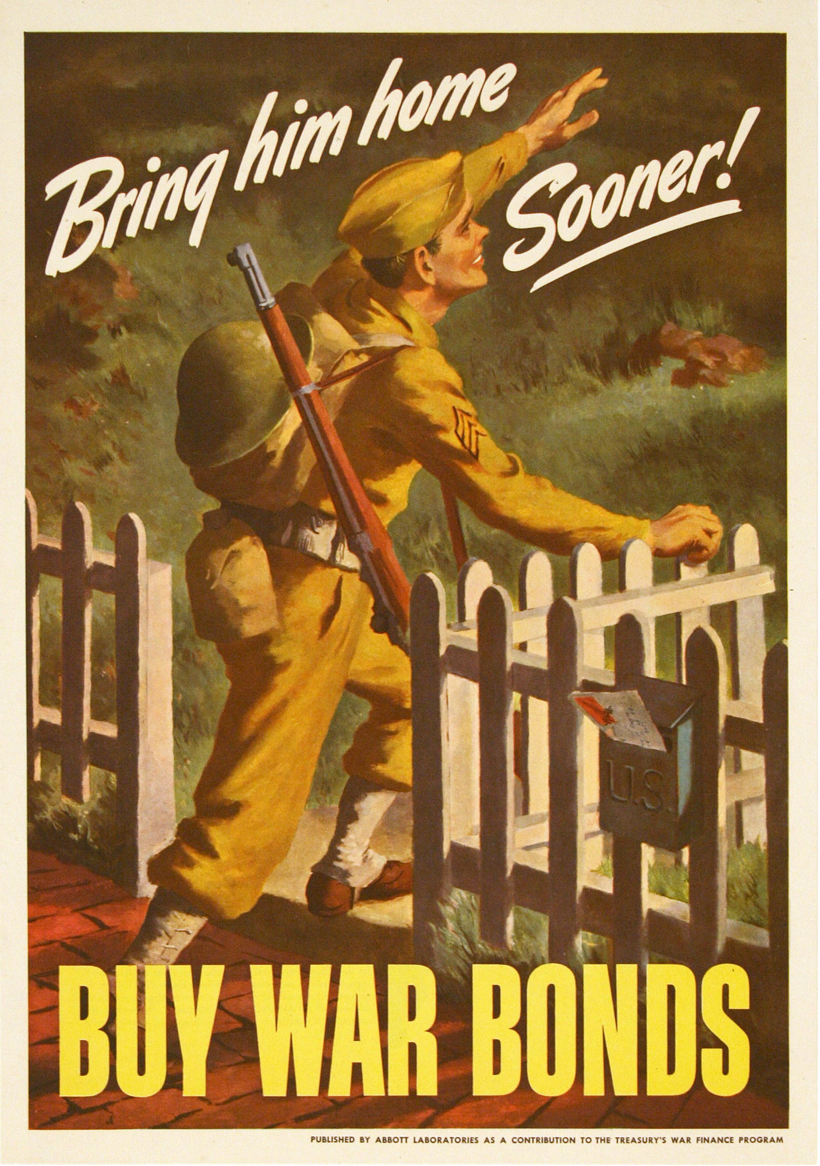 Original World War II Poster 1943 for Abbott Labs - Bring Him Home Sooner by Lawrence Beall Smith: This poster design was commissioned by Abbott Labs, a medical products company that supplied the United States military forces in World War I and II. The text on the bottom of the poster reads "Publis