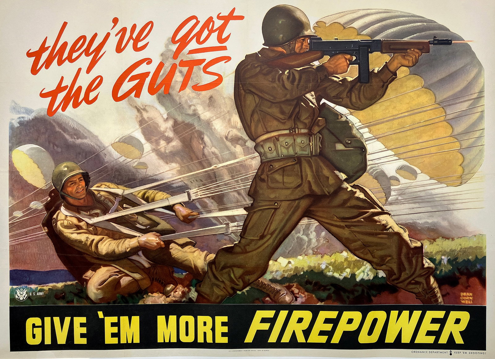 They've Got the Guts - Give Em More Firepower: This powerful World War II propaganda poster, titled They’ve Got the Guts… Give ’Em More Firepower, is a striking example of American wartime graphic communication designed to galvanize support 