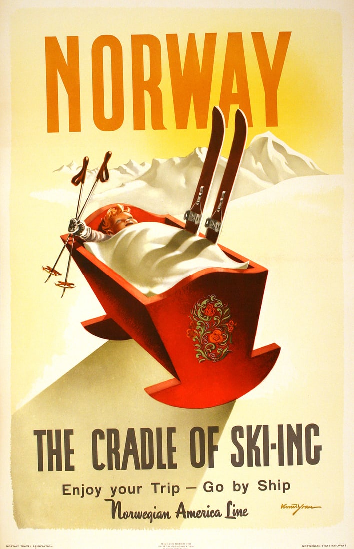 Norway The Cradle of Ski-Ing Original Poster 1955 for Norwegian American Lines by Knut Yran: “The Cradle of Skiing” is a designation often used about Norway, where skiing has been a way of transportation and a recreational sport for centuries. In this travel poster, Norwegian America 