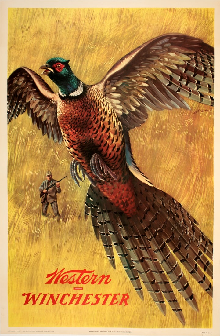 Original Vintage Winchester Pheasant Poster 1955 by Wilmer Pursell: This vintage poster was made to advertise Winchester rifles by displaying game in its natural habitat, in this case a pheasant. It was one of a series of four posters designed by graphic artist Weimer