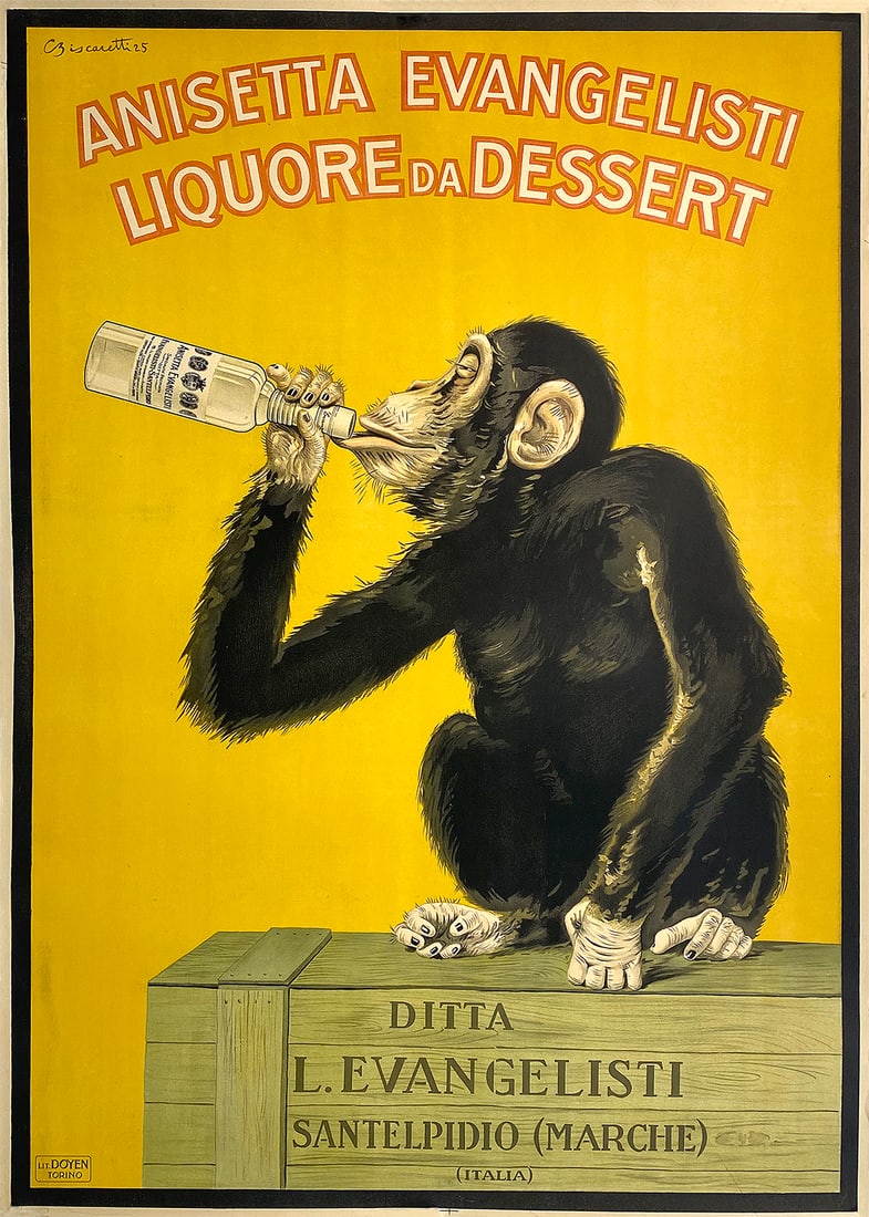 Original Italian Anisetta Evangelisti 1925 Poster by Biscaretti - Monkey Drinking (1 of 1)