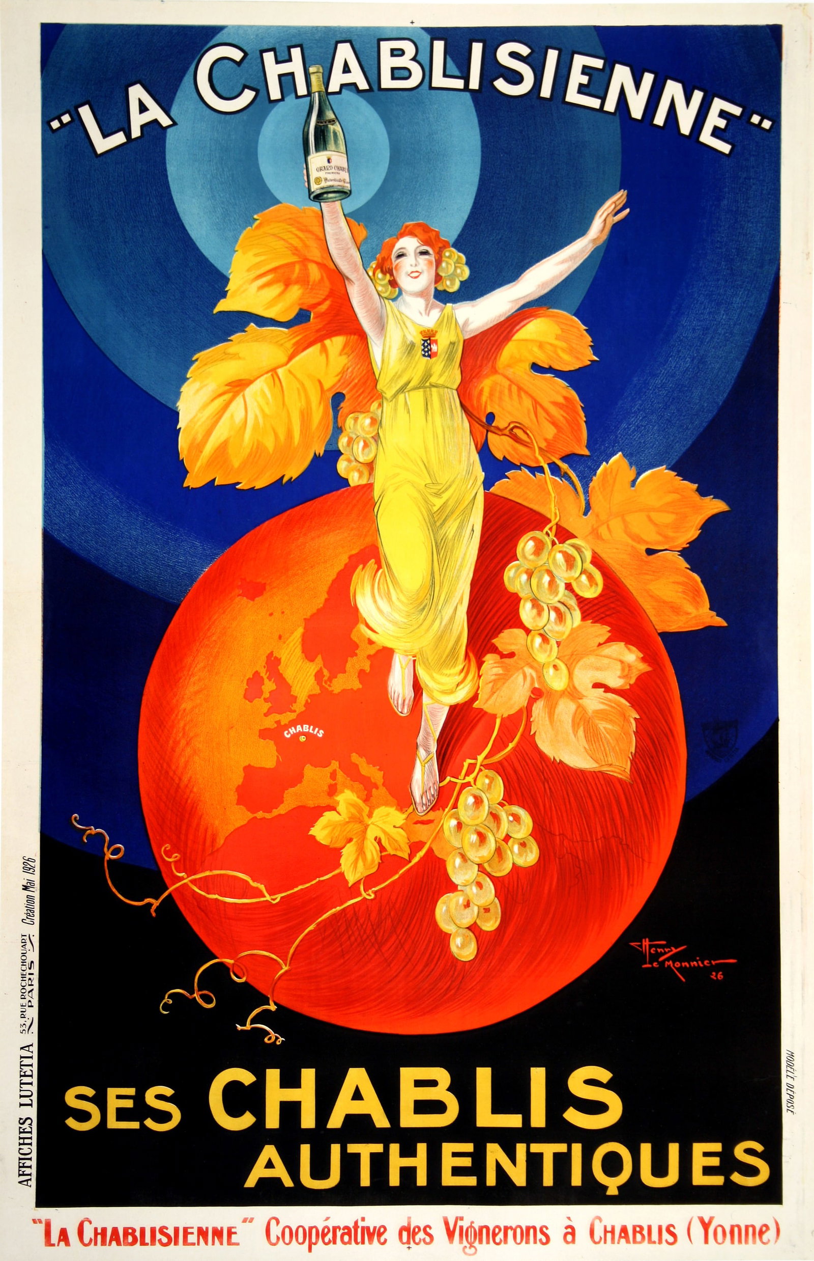 Original Vintage La Chablisienne Poster by Henri Le Monnier - Small Format 1926: This is an original stone lithograph crated in 1926 by HenrI le Monnier to promote Chablis wines in France. It is often said that a talented poster artist can tell so much of a story in a single image