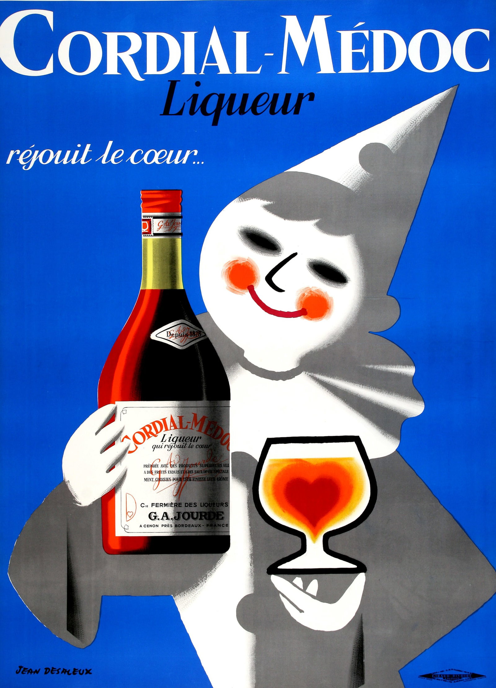 Original Vintage Liquor Poster Cordial Medoc Clown by Desaleux 1955: This vintage poster for Cordial-Médoc is a riff on the famous Pierrot of Cointreau clown. The brand exhibits its own version of the infamous “commedia dell'arte” character to promote its “h