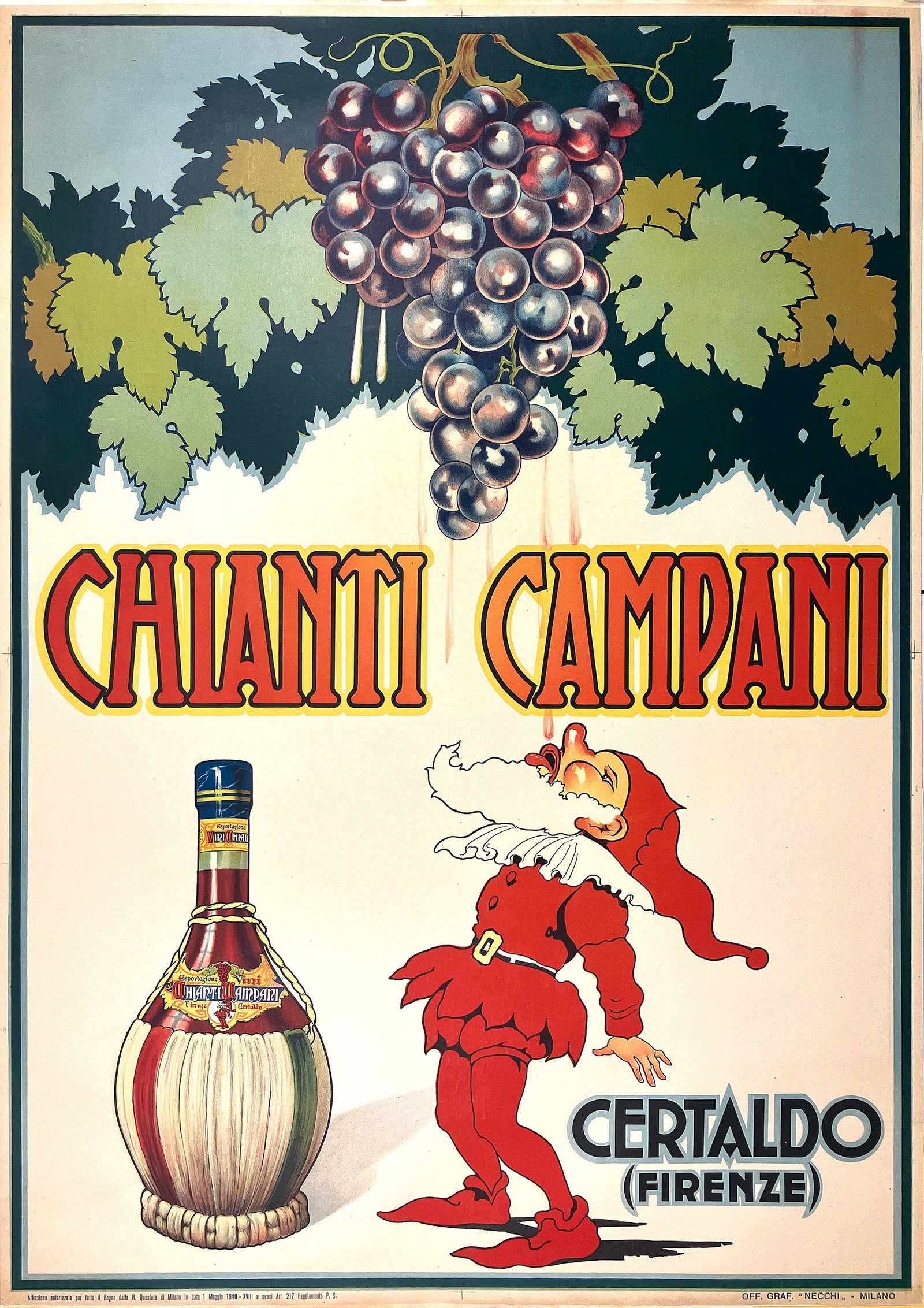 Original Vintage Chianti Campani Poster by Empoli Large Format 1940: This original vintage Italian advertising poster was created circa 1940 by Empoli for Chianti Campani, a wine producer in Certaldo, near Florence. The design features an oversized bunch of ripe grapes