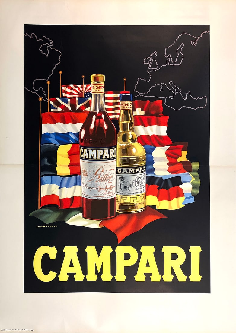 Original Vintage Campari World Flags Poster by Nonni 1959 Oversize: The global appeal of Campari is flouted in this 1959 advertising poster for the Italian liqueur label. Flags of various countries around the world wave julibantly behind the aperitif and digestif vers